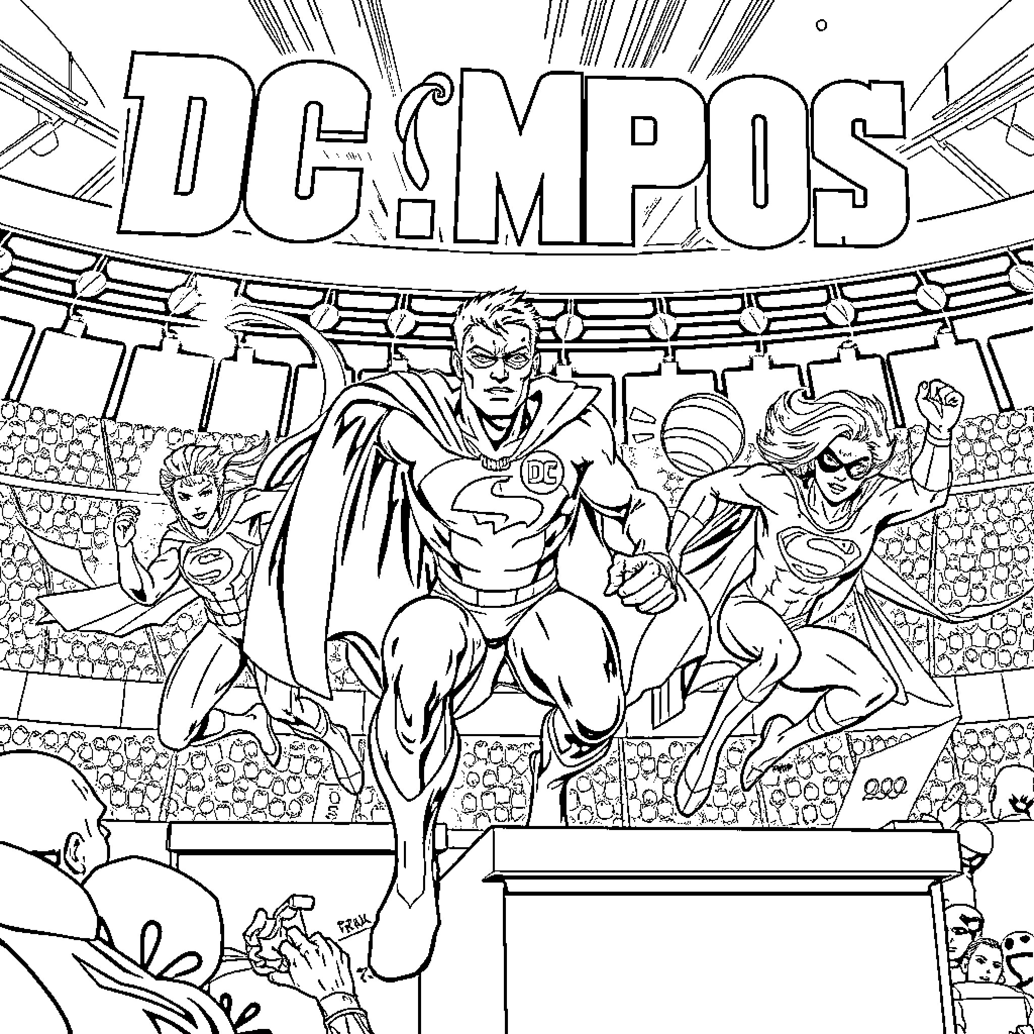 Superheroes in Action at DC Compos Coloring Page (free black-and-white line drawing printable PDF for all, from beginners to advanced learners, including children, teens, adults, and seniors)