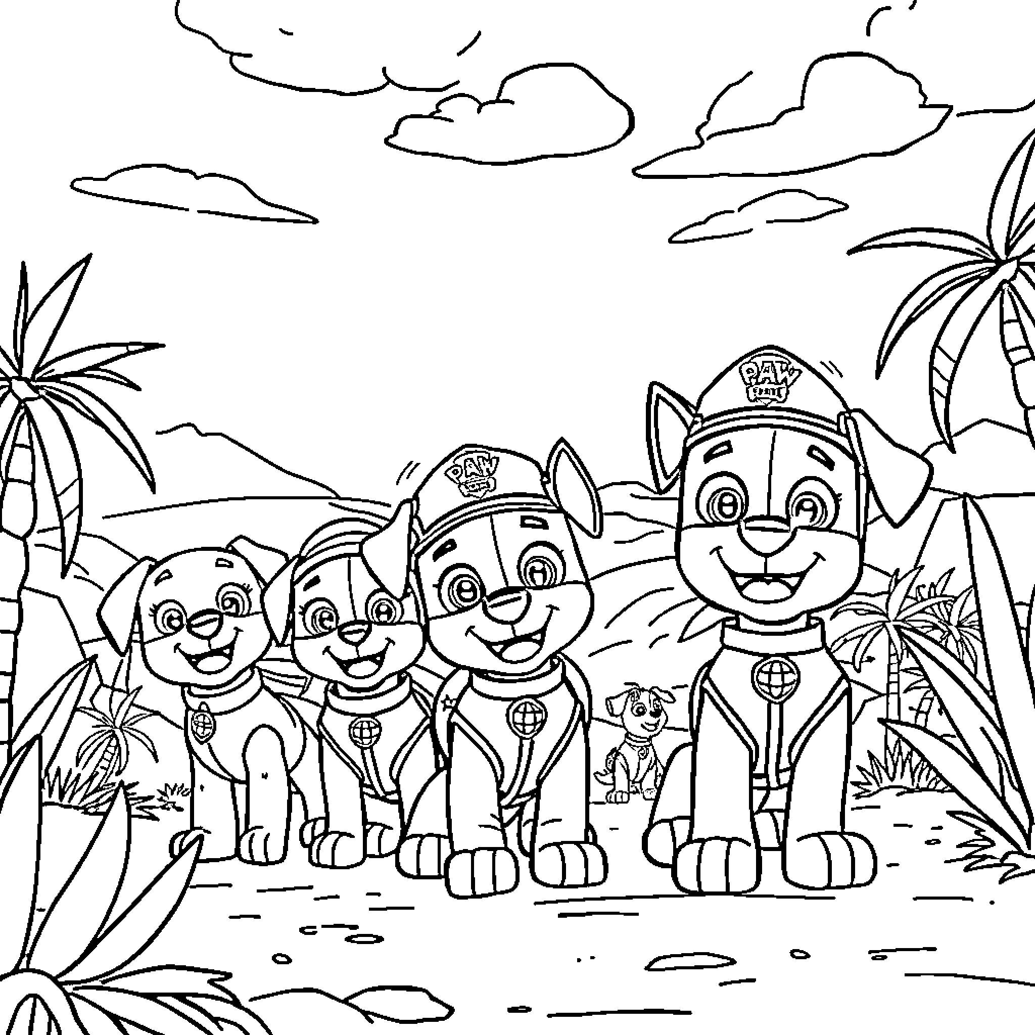 Paw Patrol pups smiling together in a tropical landscape Coloring Page (free black-and-white line drawing printable PDF for all, from beginners to advanced learners, including children, teens, adults, and seniors)