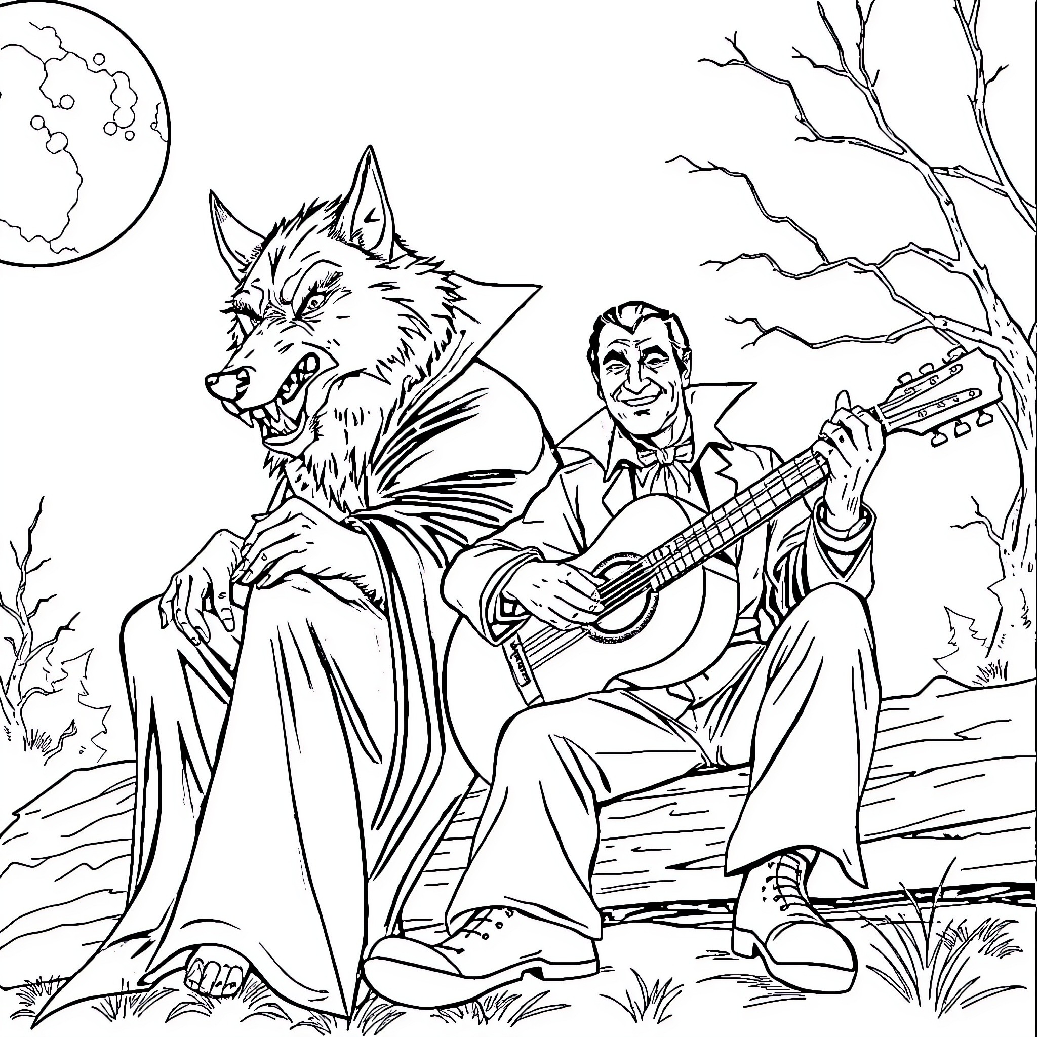 Dracula and the musician under the moonlight Coloring Page (free black-and-white line drawing printable PDF for all, from beginners to advanced learners, including children, teens, adults, and seniors)