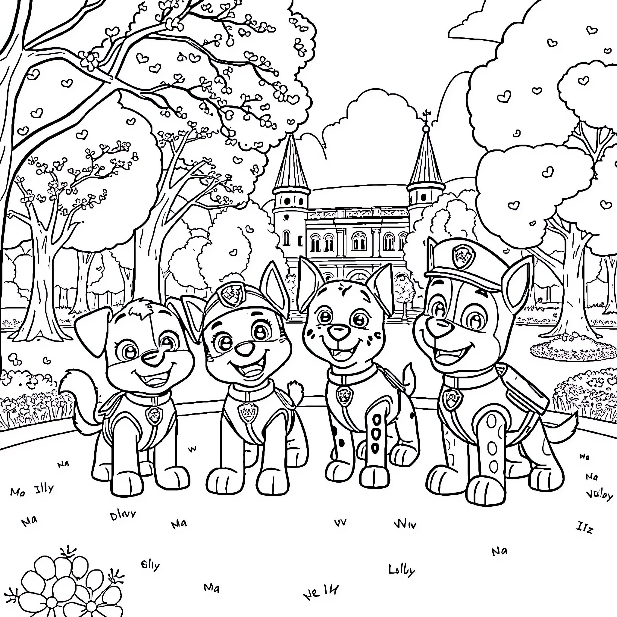 Paw Patrol characters in a whimsical forest scene Coloring Page (free black-and-white line drawing printable PDF for all, from beginners to advanced learners, including children, teens, adults, and seniors)