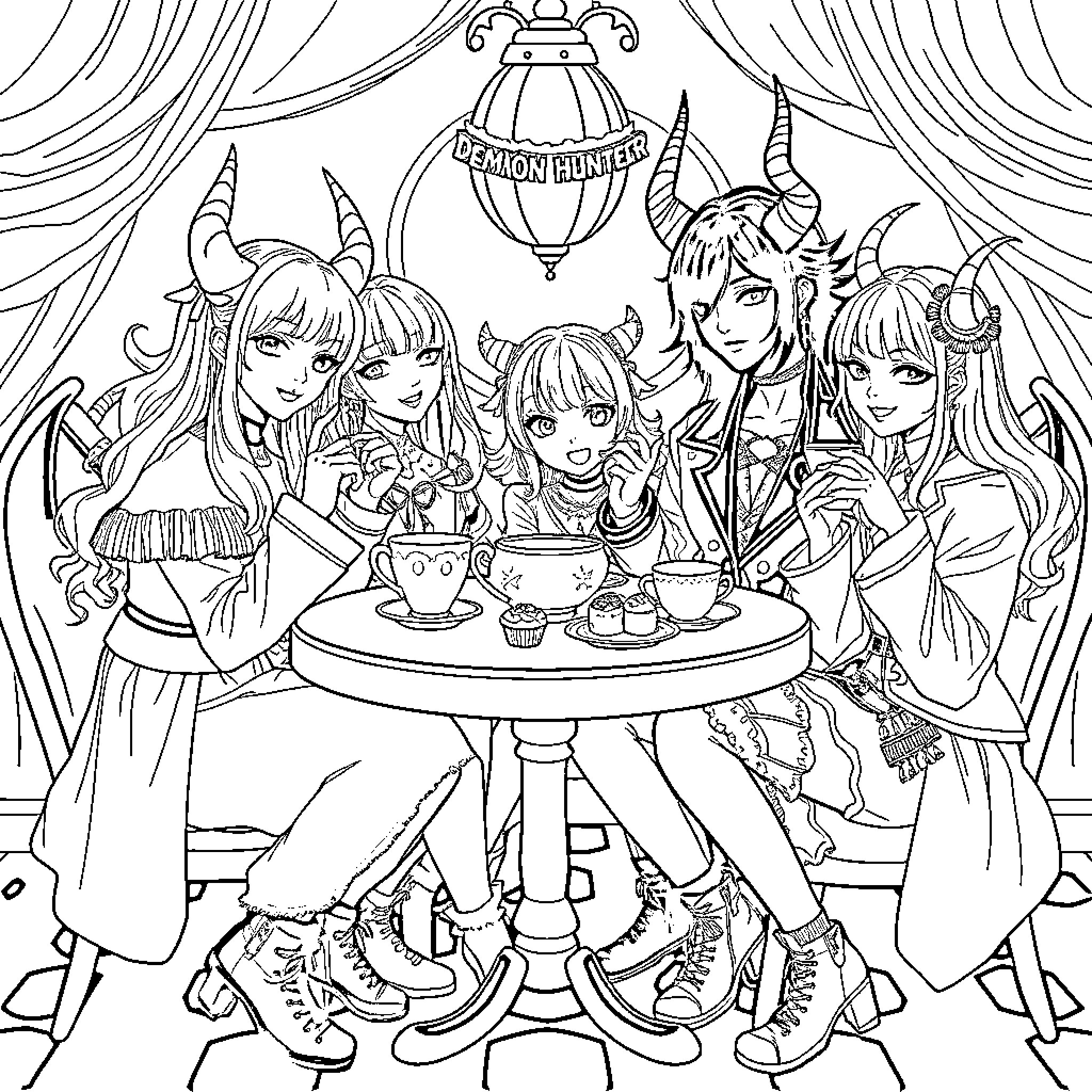Demon Hunter Girls Sharing Tea and Treats Coloring Page (free black-and-white line drawing printable PDF for all, from beginners to advanced learners, including children, teens, adults, and seniors)