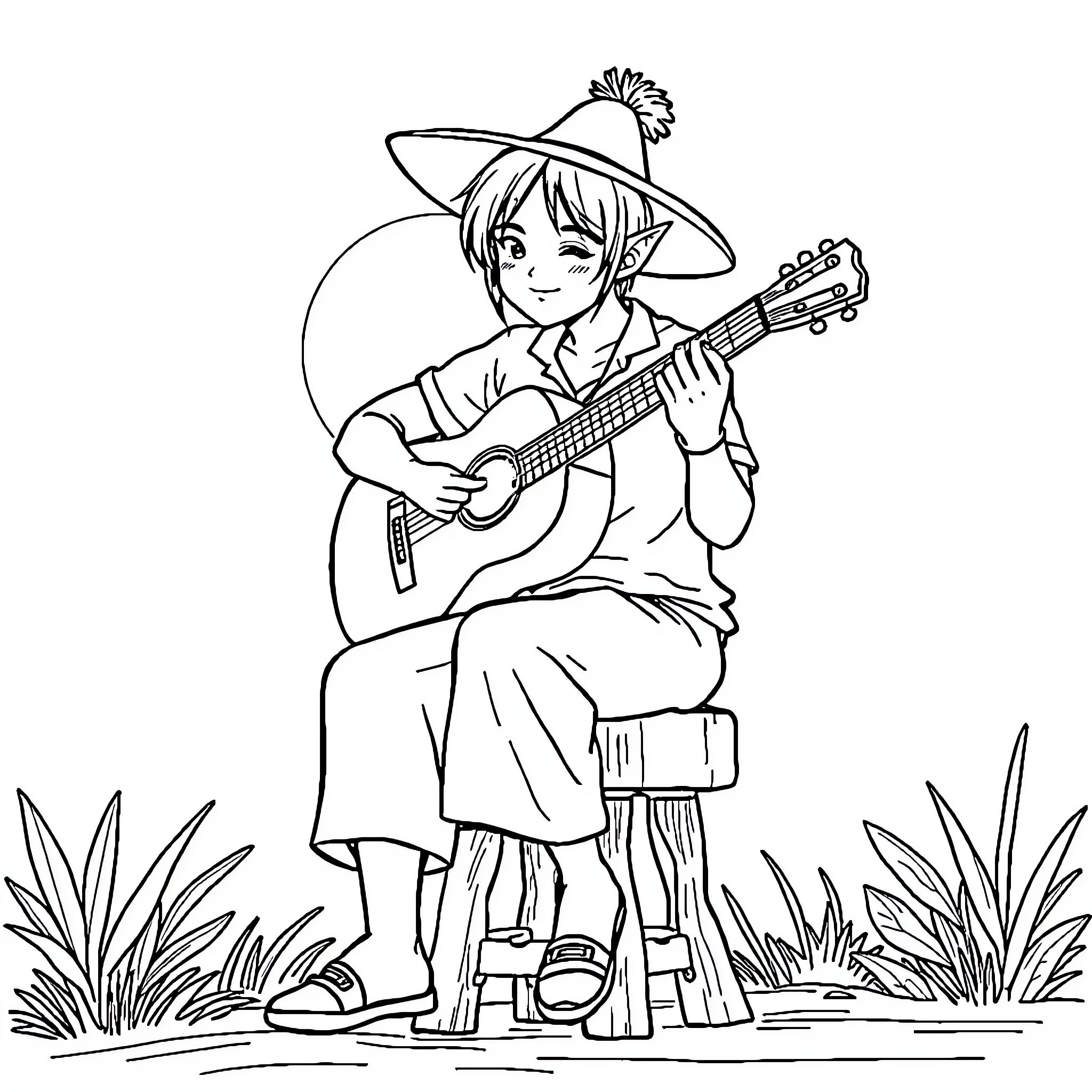 Shua Hunt playing guitar in the countryside Coloring Page (free black-and-white line drawing printable PDF for all, from beginners to advanced learners, including children, teens, adults, and seniors)