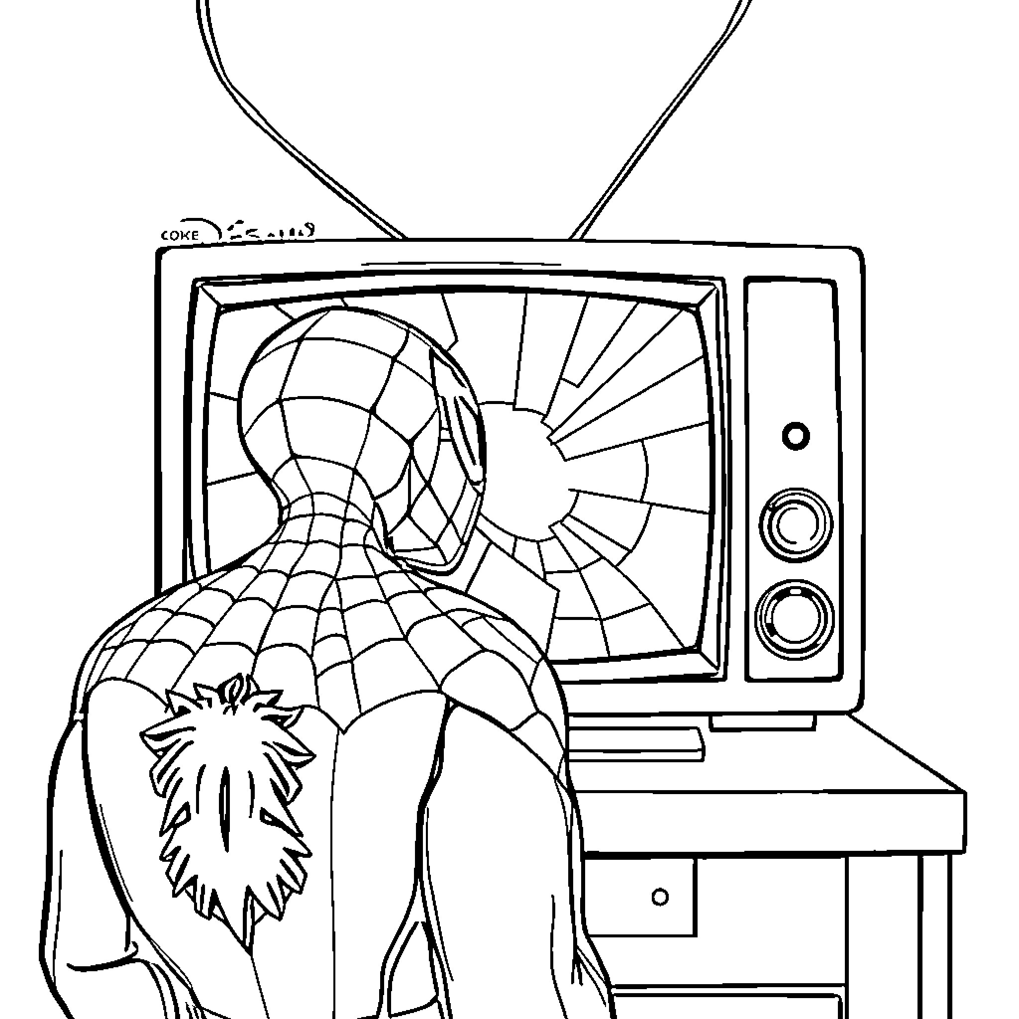 Spider-Man on television Coloring Page (free black-and-white line drawing printable PDF for all, from beginners to advanced learners, including children, teens, adults, and seniors)