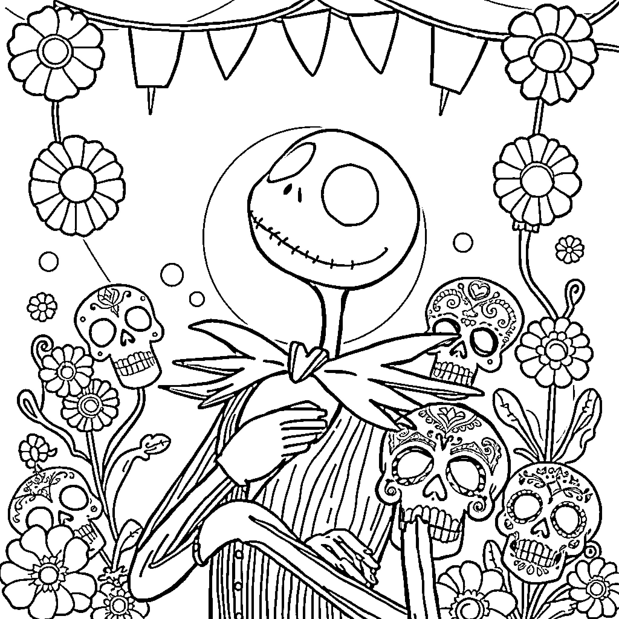 Jack Skellington celebrating a Day of the Dead party Coloring Page (free black-and-white line drawing printable PDF for all, from beginners to advanced learners, including children, teens, adults, and seniors)