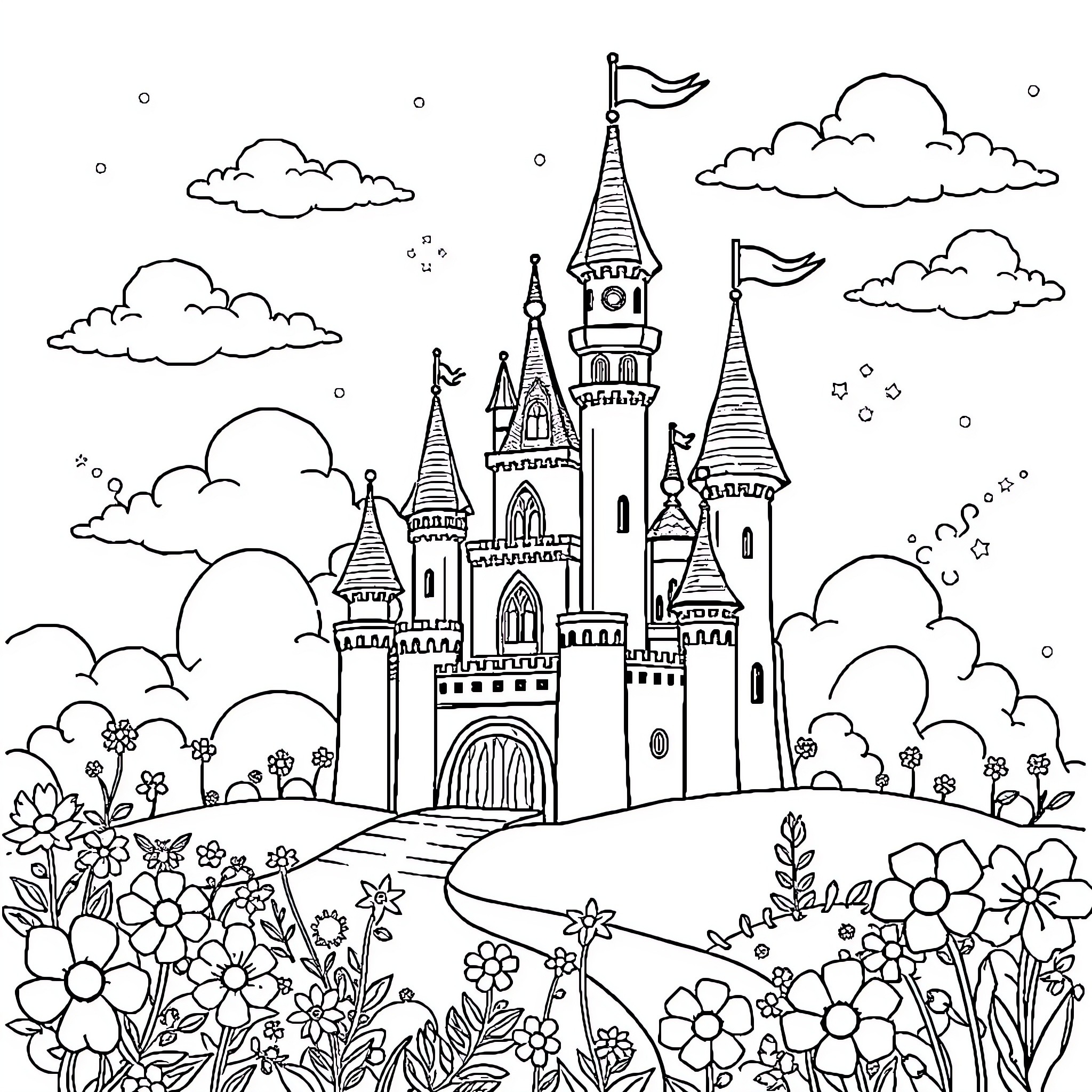 Castle with Whimsical Towers and Blooming Floral Landscape Coloring Page (free black-and-white line drawing printable PDF for all, from beginners to advanced learners, including children, teens, adults, and seniors)
