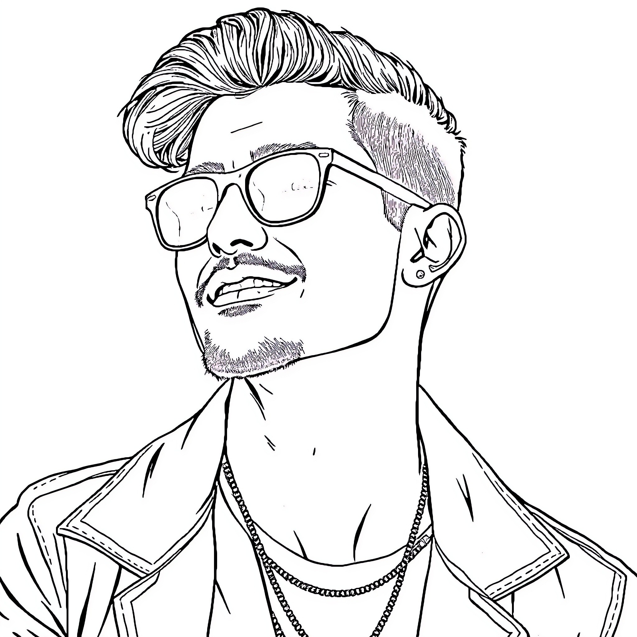 Queer Man Expressing Stylish Confidence Coloring Page (free black-and-white line drawing printable PDF for all, from beginners to advanced learners, including children, teens, adults, and seniors)