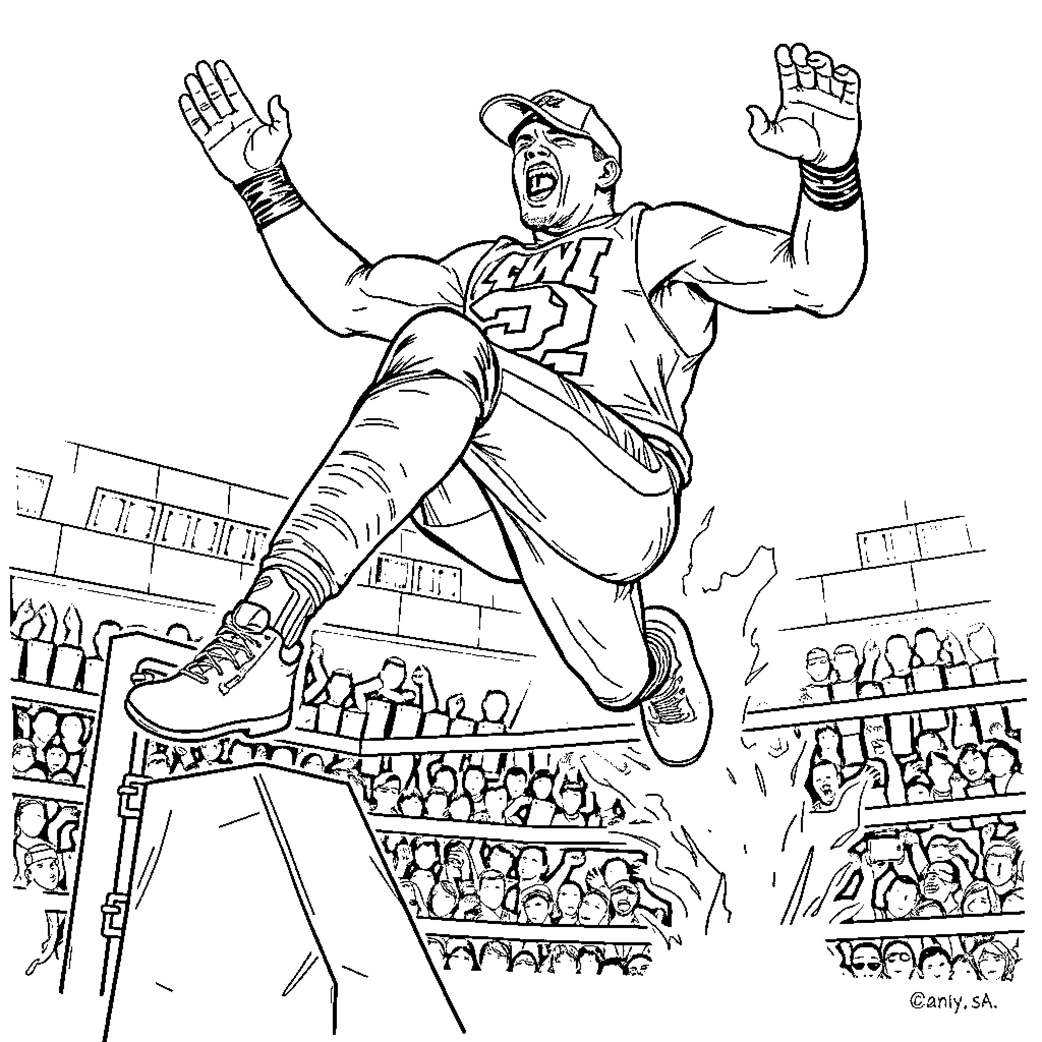 John Cena celebrating victory in the wrestling arena Coloring Page (free black-and-white line drawing printable PDF for all, from beginners to advanced learners, including children, teens, adults, and seniors)