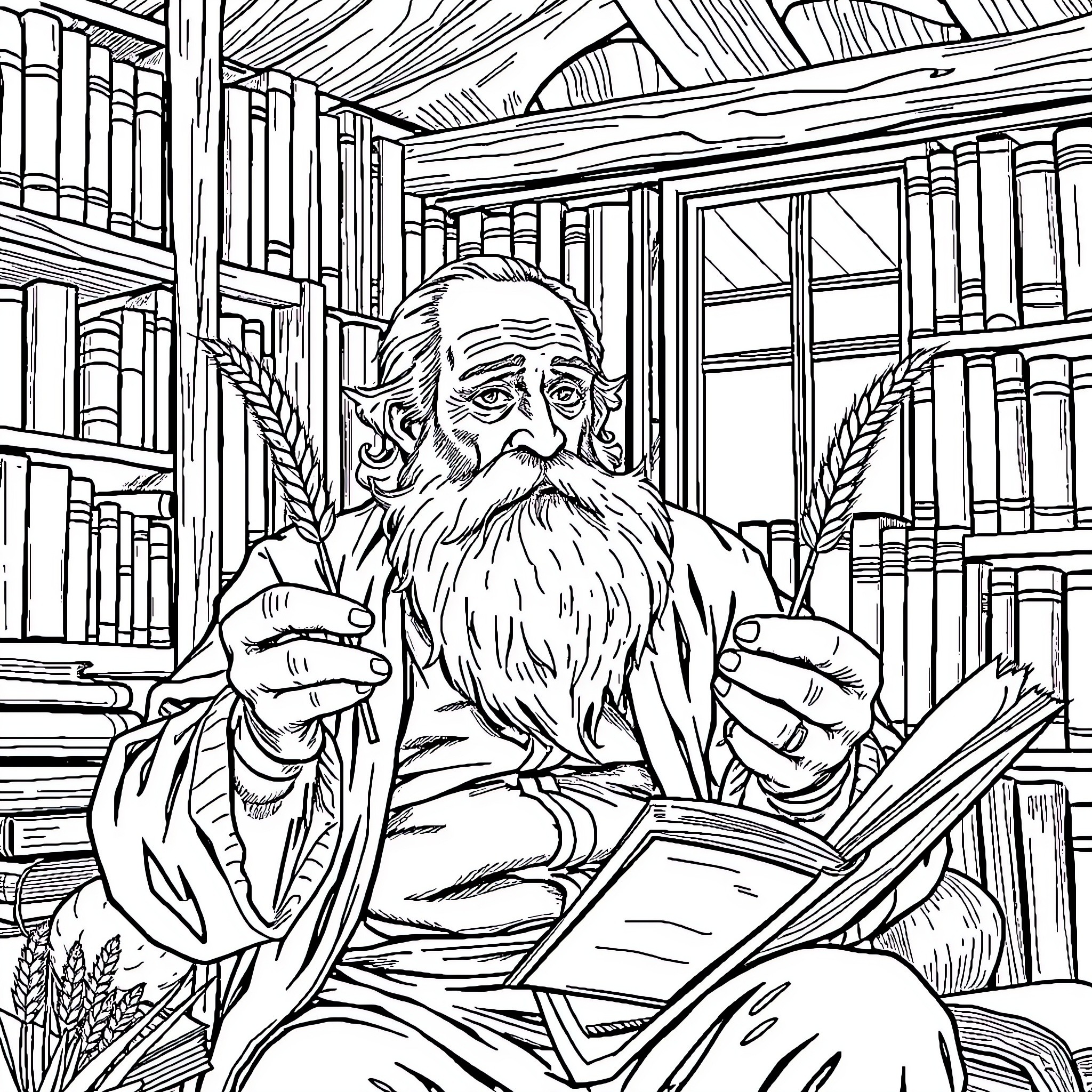 Homme érudit en robe méditant dans une bibliothèque Coloring Page (free black-and-white line drawing printable PDF for all, from beginners to advanced learners, including children, teens, adults, and seniors)