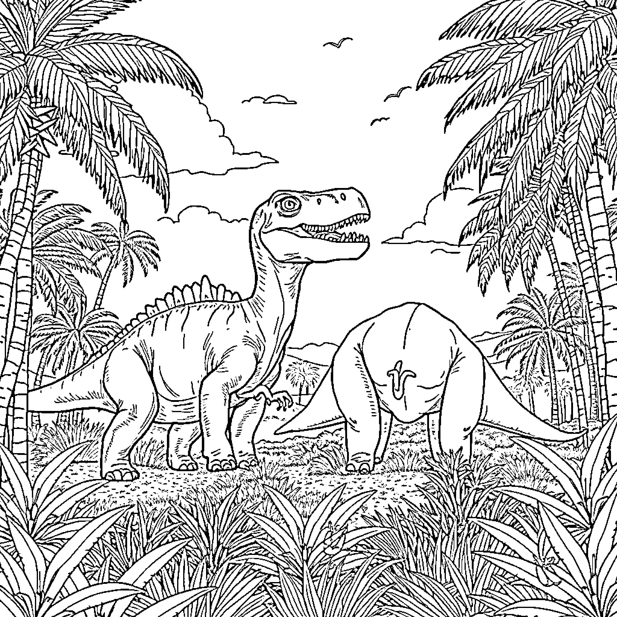 Dinosaurs roaming in a lush prehistoric landscape Coloring Page (free black-and-white line drawing printable PDF for all, from beginners to advanced learners, including children, teens, adults, and seniors)