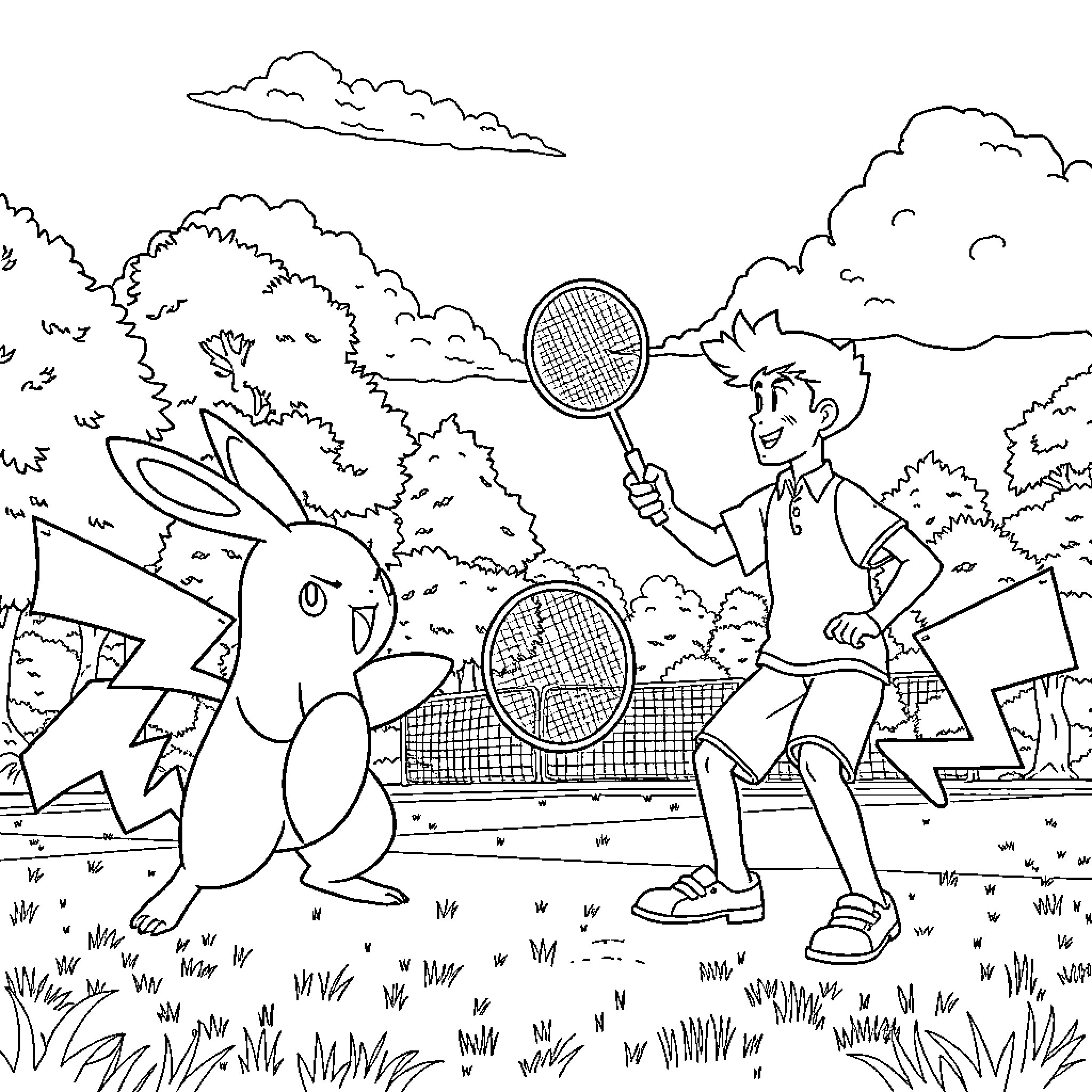 Pokémon characters playing badminton in the park Coloring Page (free black-and-white line drawing printable PDF for all, from beginners to advanced learners, including children, teens, adults, and seniors)