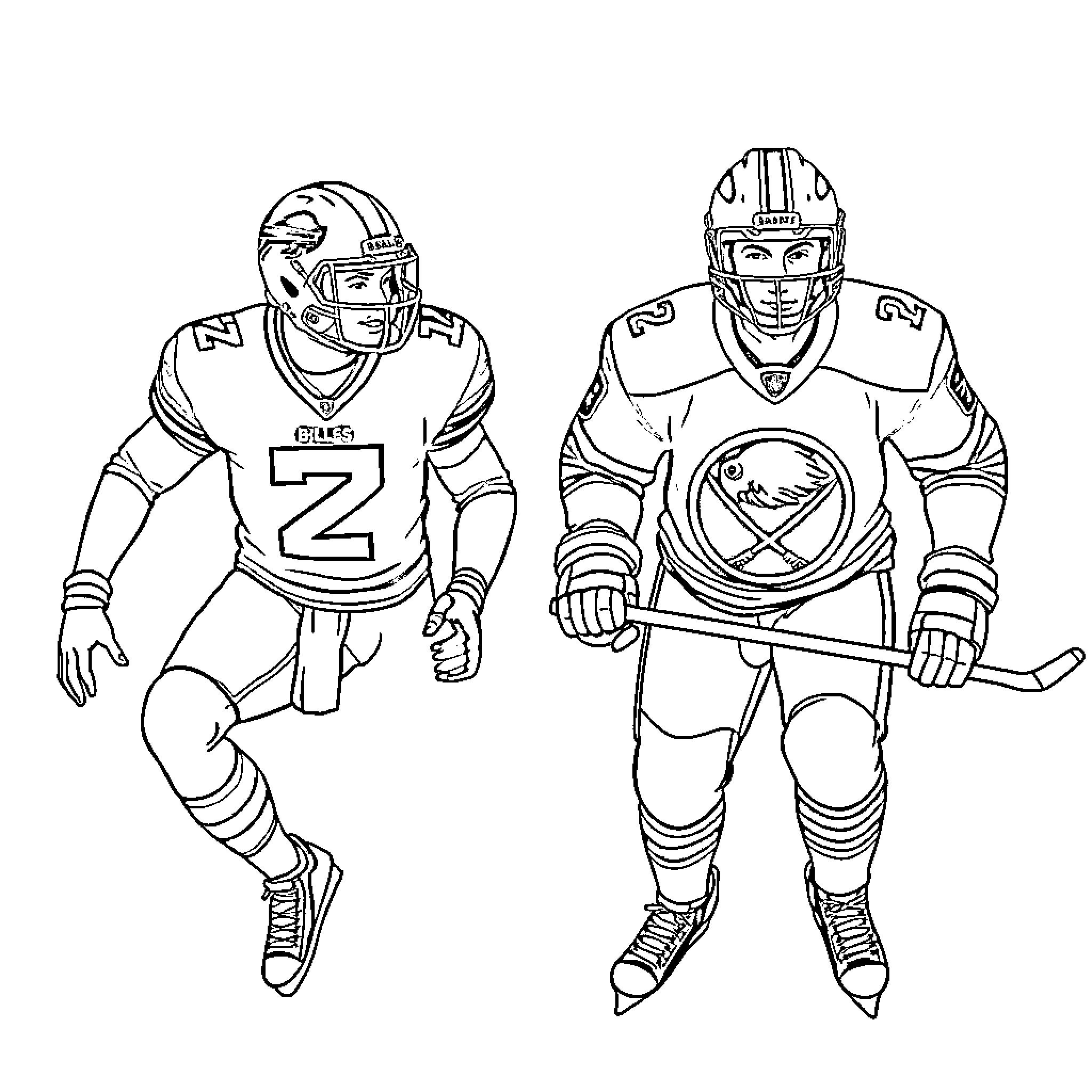 Buffalo football players in uniform Coloring Page (free black-and-white line drawing printable PDF for all, from beginners to advanced learners, including children, teens, adults, and seniors)
