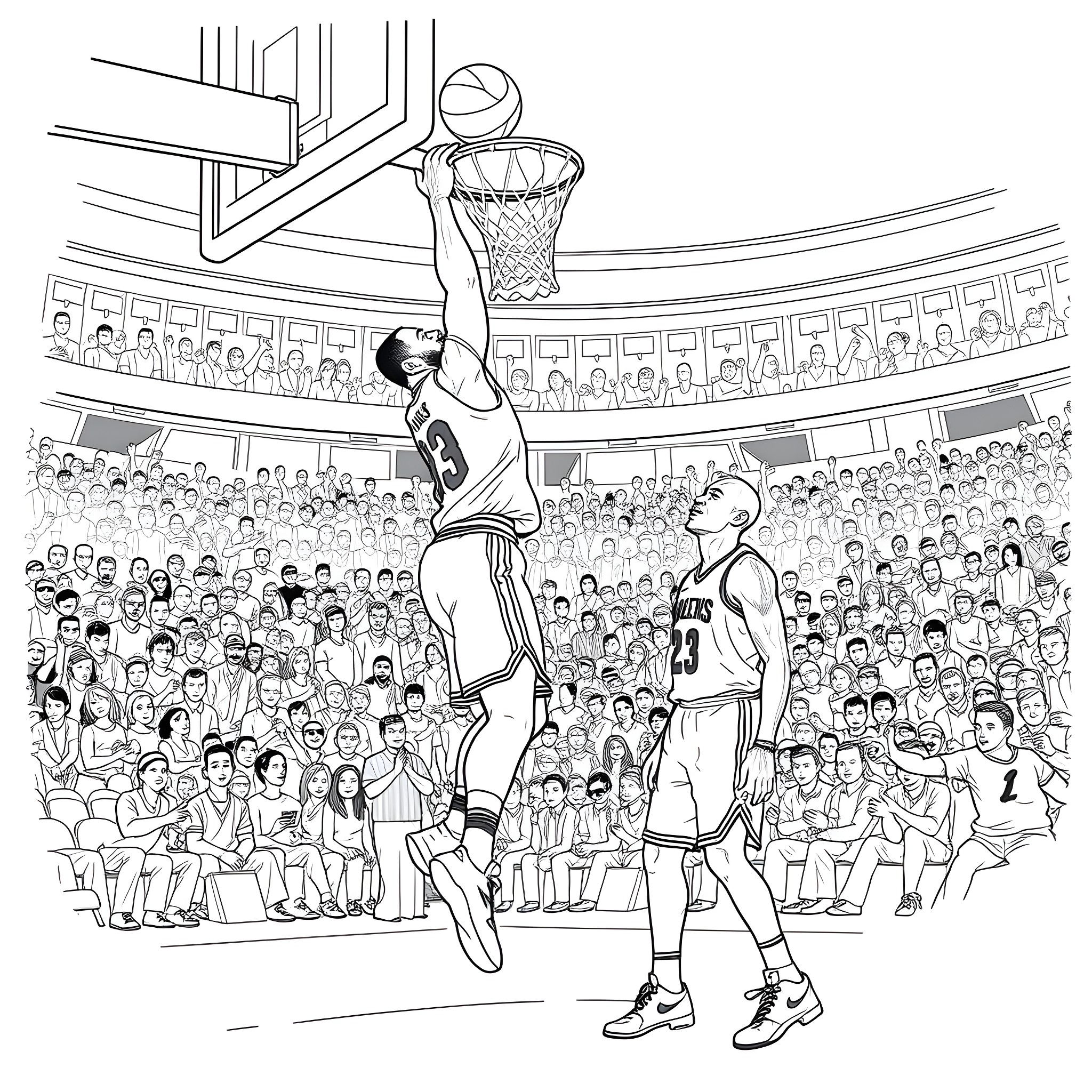 LeBron Dunking in a Basketball Arena Coloring Page (free black-and-white line drawing printable PDF for all, from beginners to advanced learners, including children, teens, adults, and seniors)