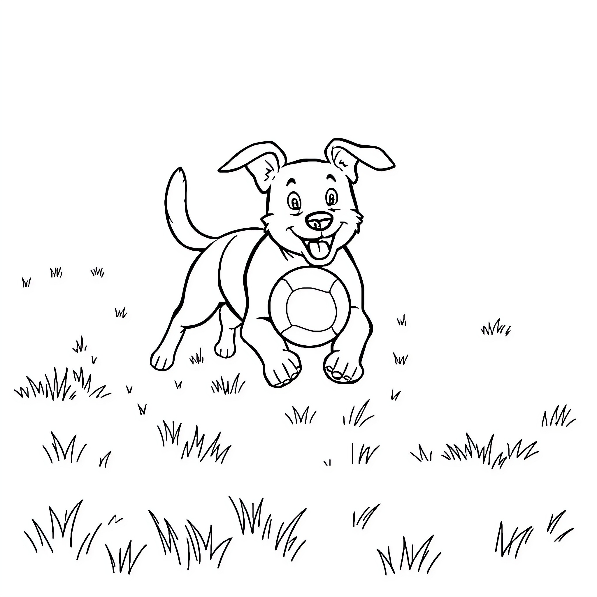 Dog playing joyfully with toy in the grass Coloring Page (free black-and-white line drawing printable PDF for all, from beginners to advanced learners, including children, teens, adults, and seniors)