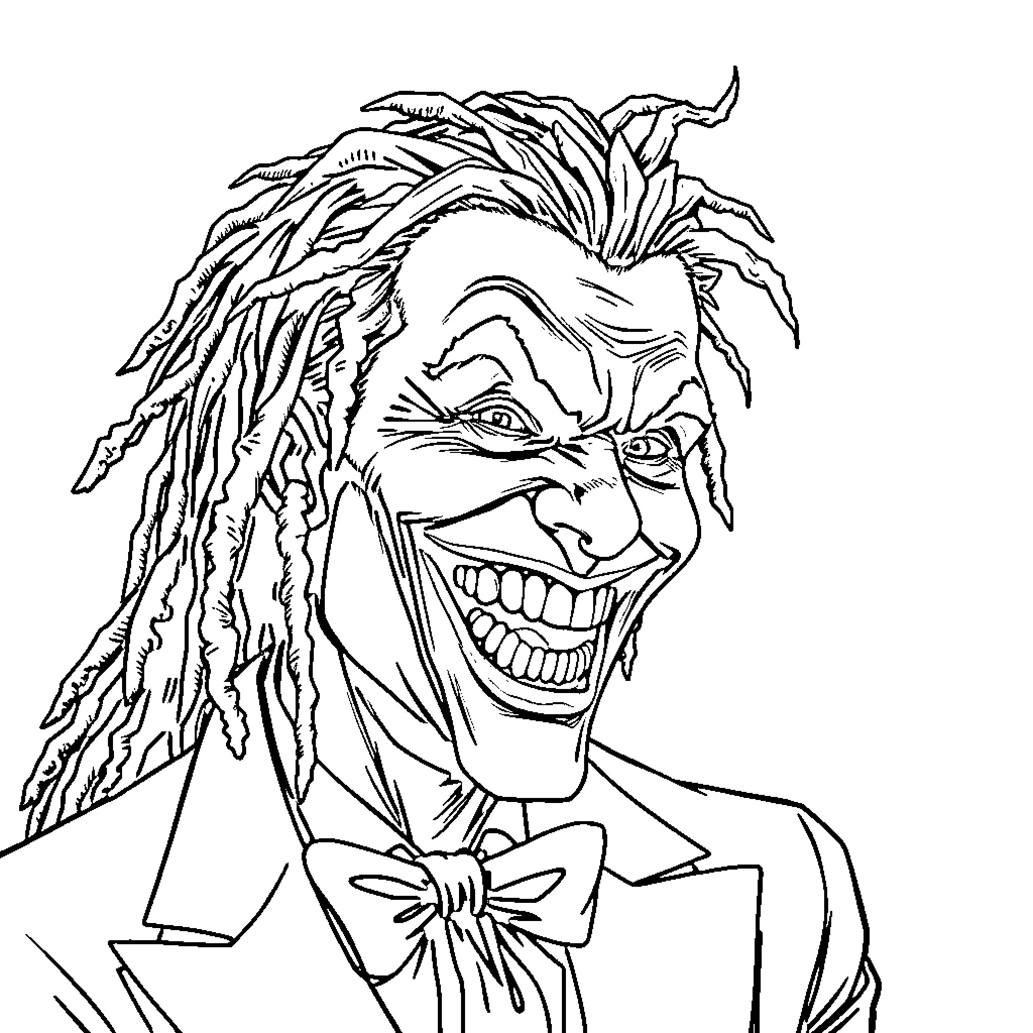 Joker's Wicked Grin: An Unsettling Expression Coloring Page (free black-and-white line drawing printable PDF for all, from beginners to advanced learners, including children, teens, adults, and seniors)