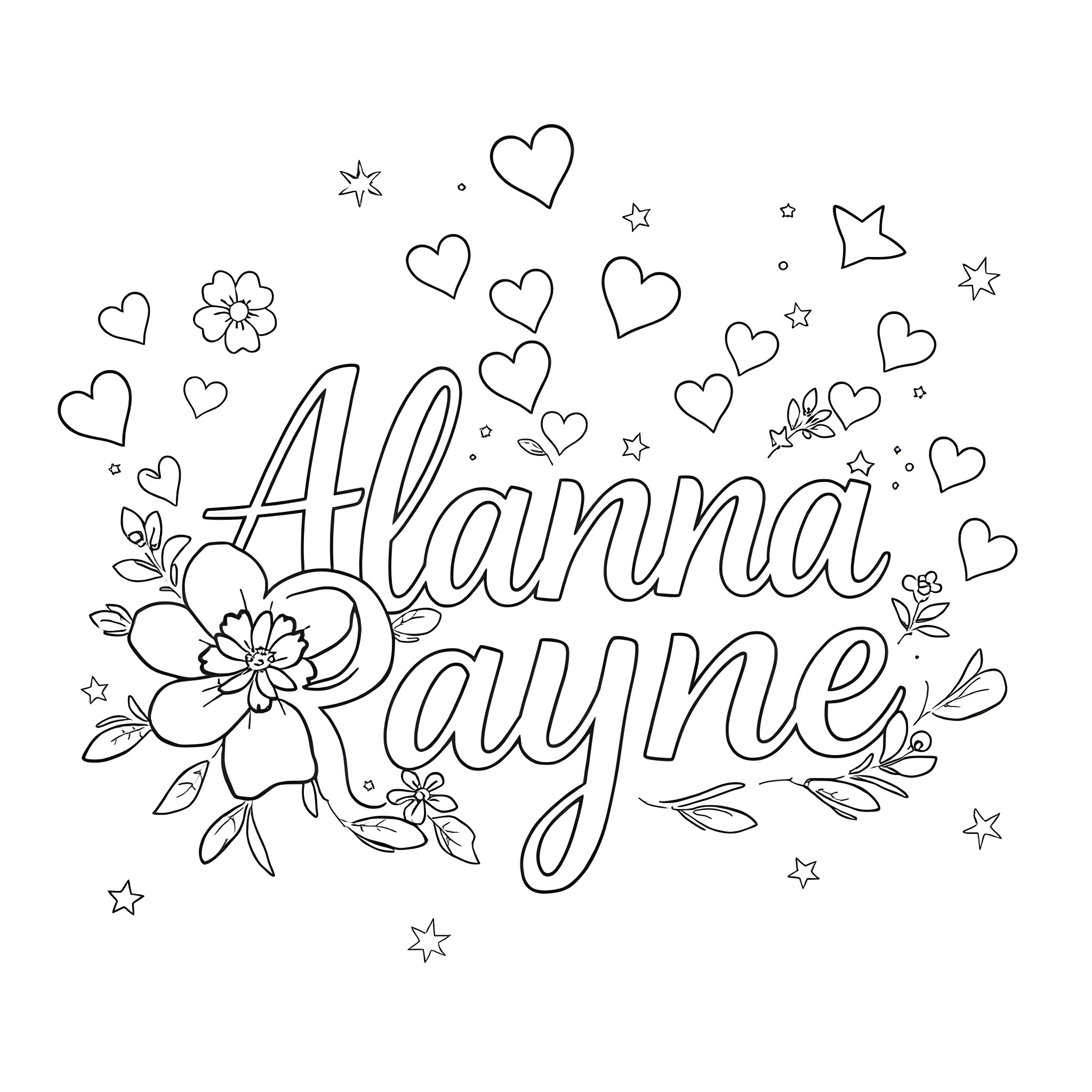Font Featuring Floral Elements and Hearts Coloring Page (free black-and-white line drawing printable PDF for all, from beginners to advanced learners, including children, teens, adults, and seniors)