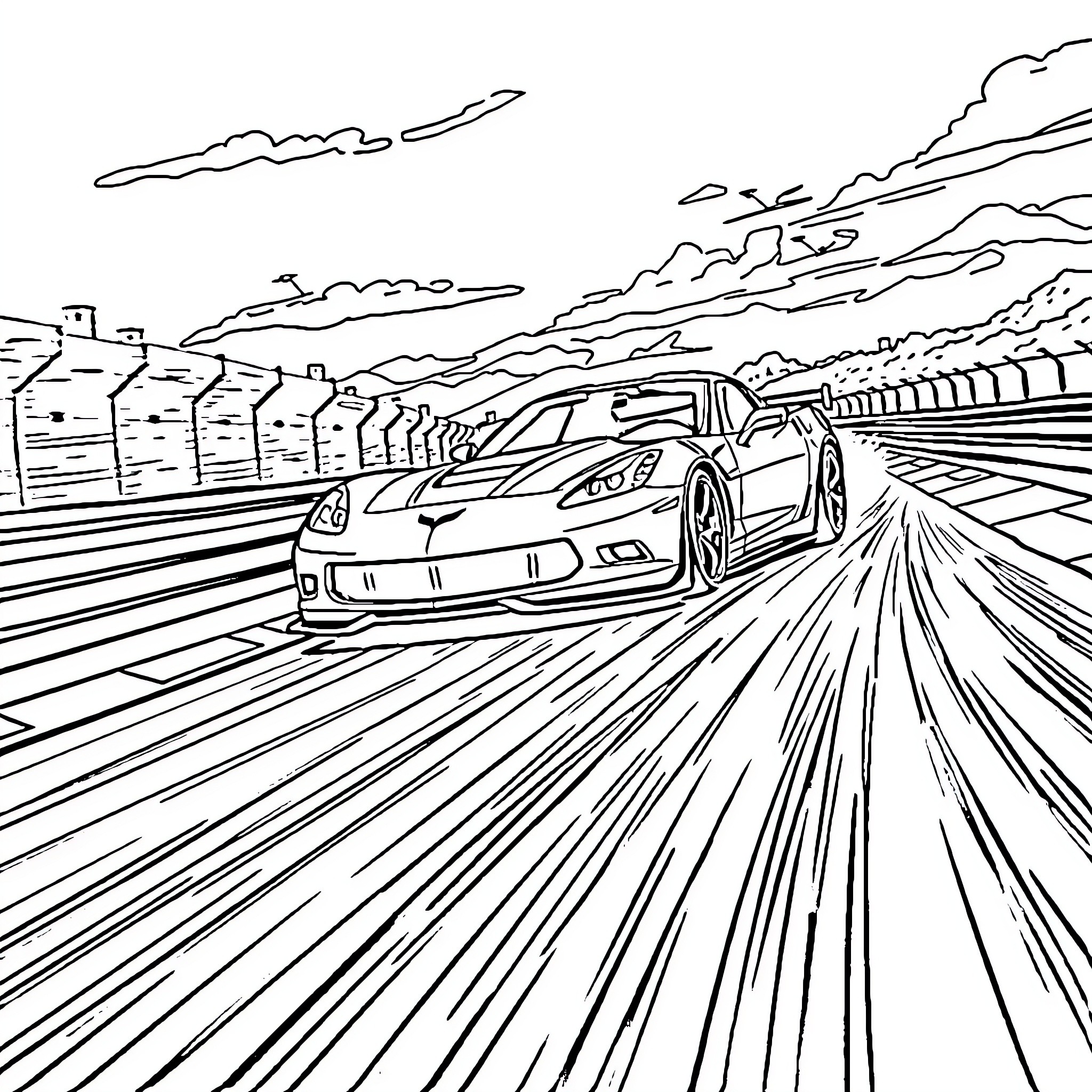 Corvette speeding through city landscape Coloring Page (free black-and-white line drawing printable PDF for all, from beginners to advanced learners, including children, teens, adults, and seniors)