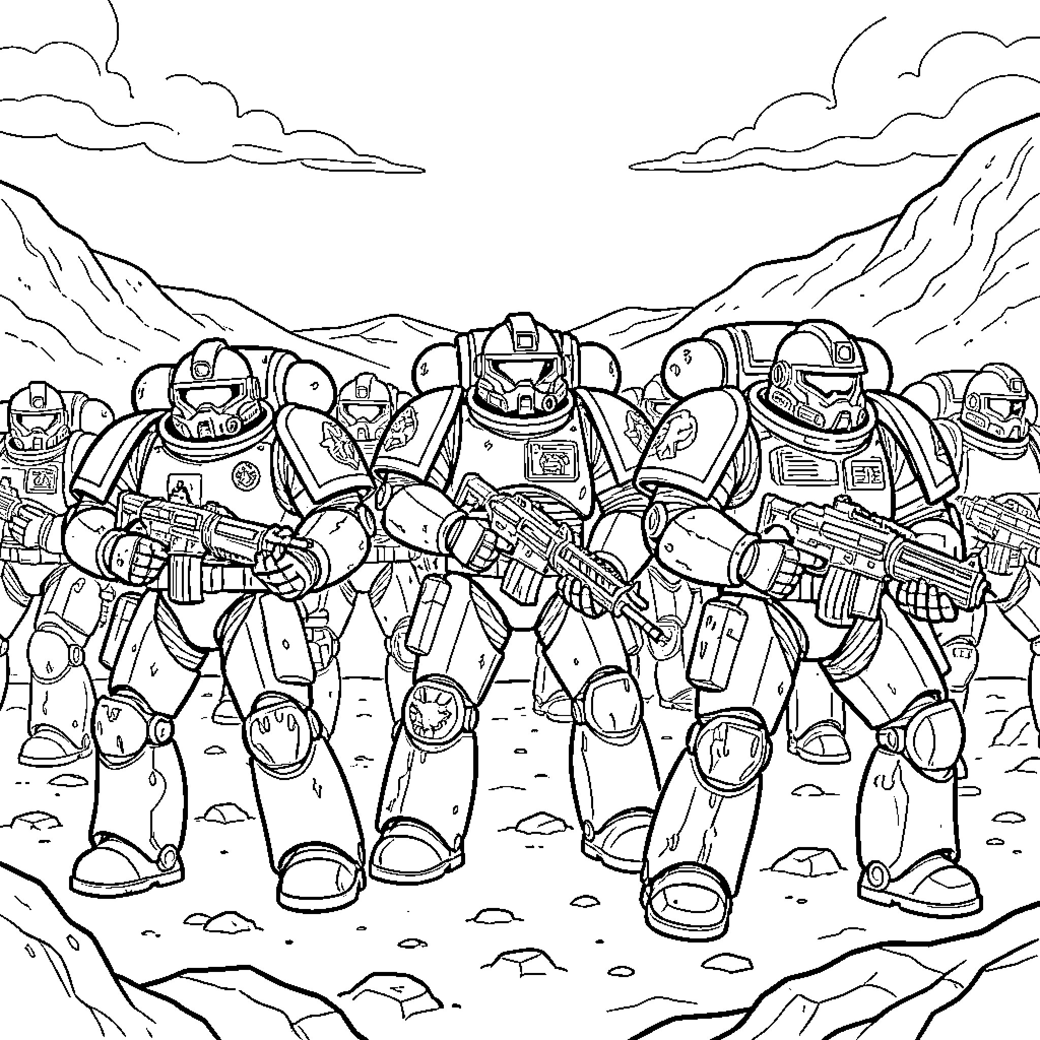 Space Marine soldiers advancing through a rocky landscape Coloring Page (free black-and-white line drawing printable PDF for all, from beginners to advanced learners, including children, teens, adults, and seniors)