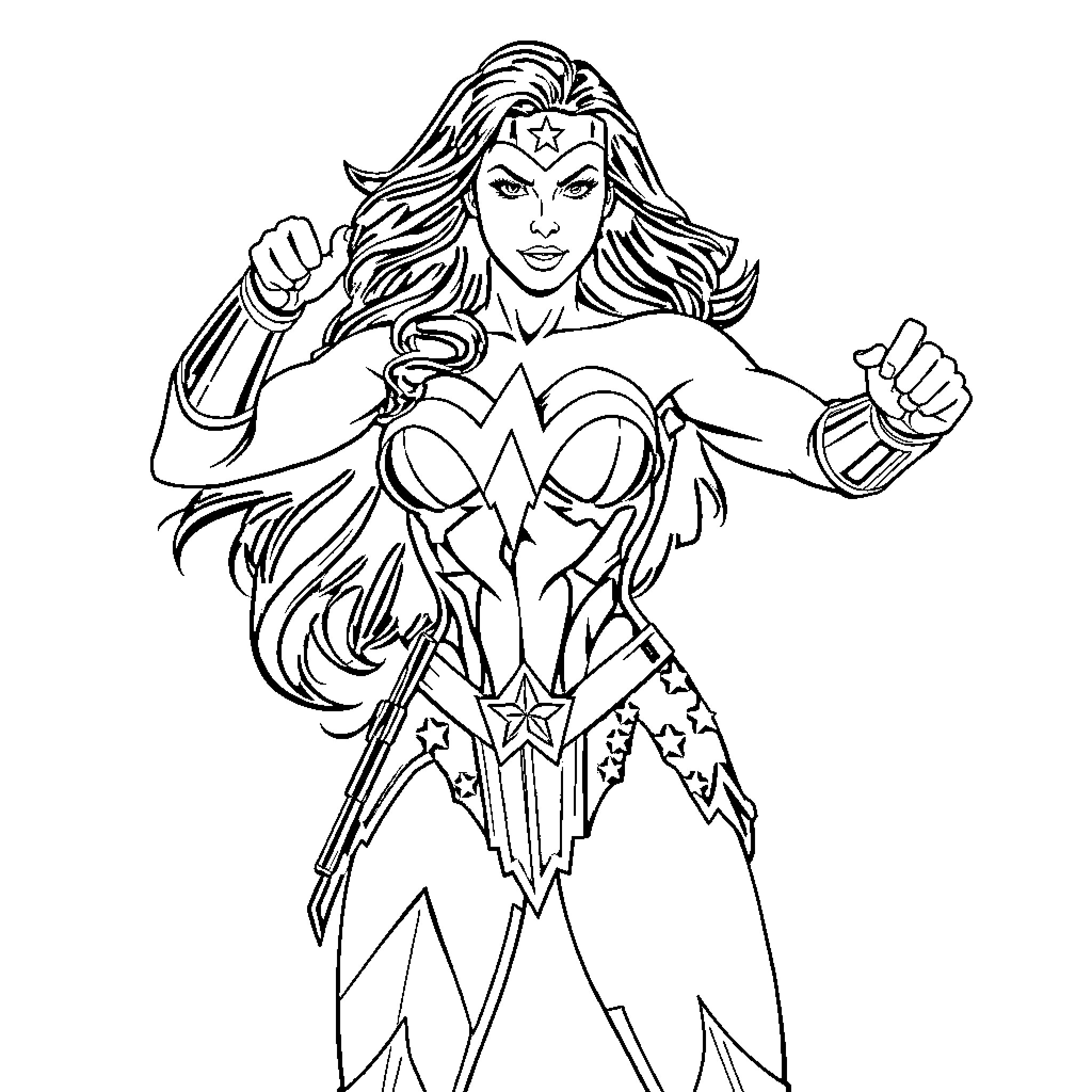 Wonder Woman heroic action figure Coloring Page (free black-and-white line drawing printable PDF for all, from beginners to advanced learners, including children, teens, adults, and seniors)