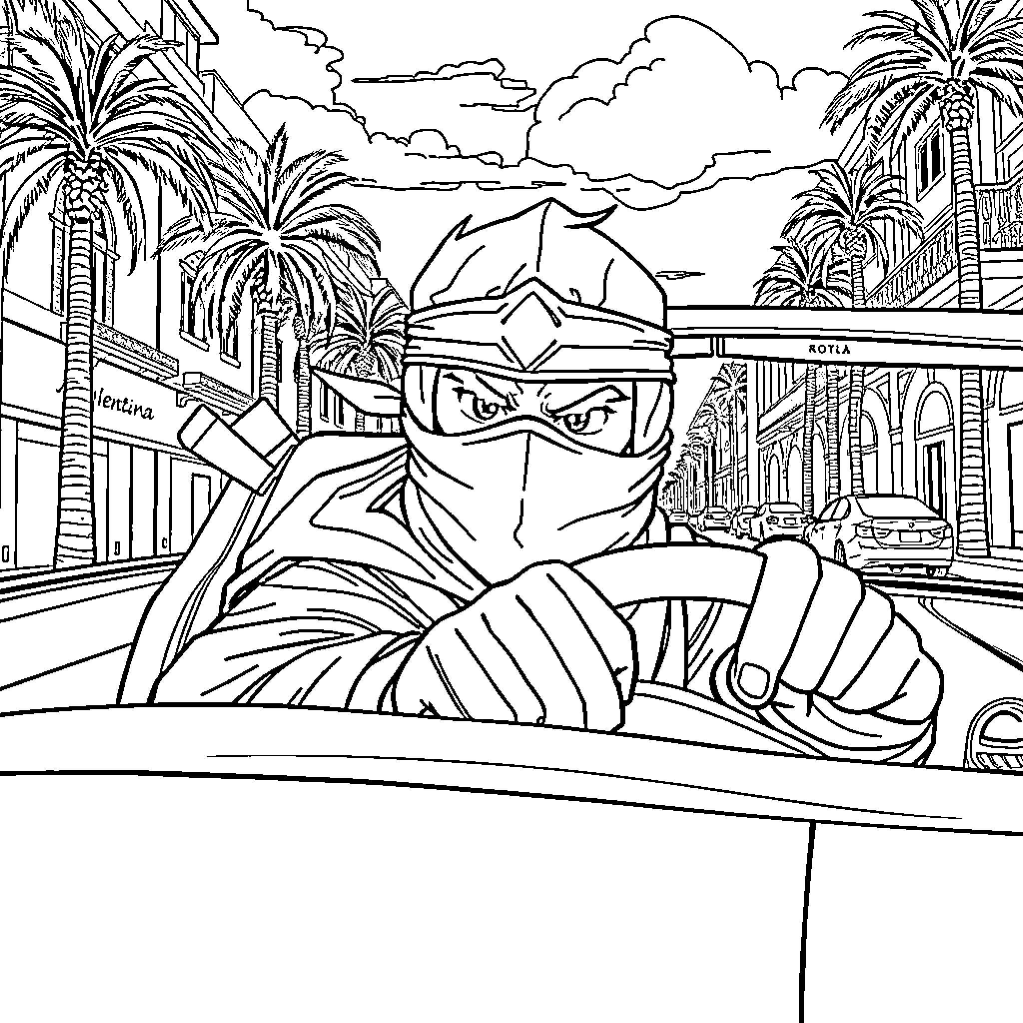 Ninja Warrior in Tropical City Landscape Coloring Page (free black-and-white line drawing printable PDF for all, from beginners to advanced learners, including children, teens, adults, and seniors)