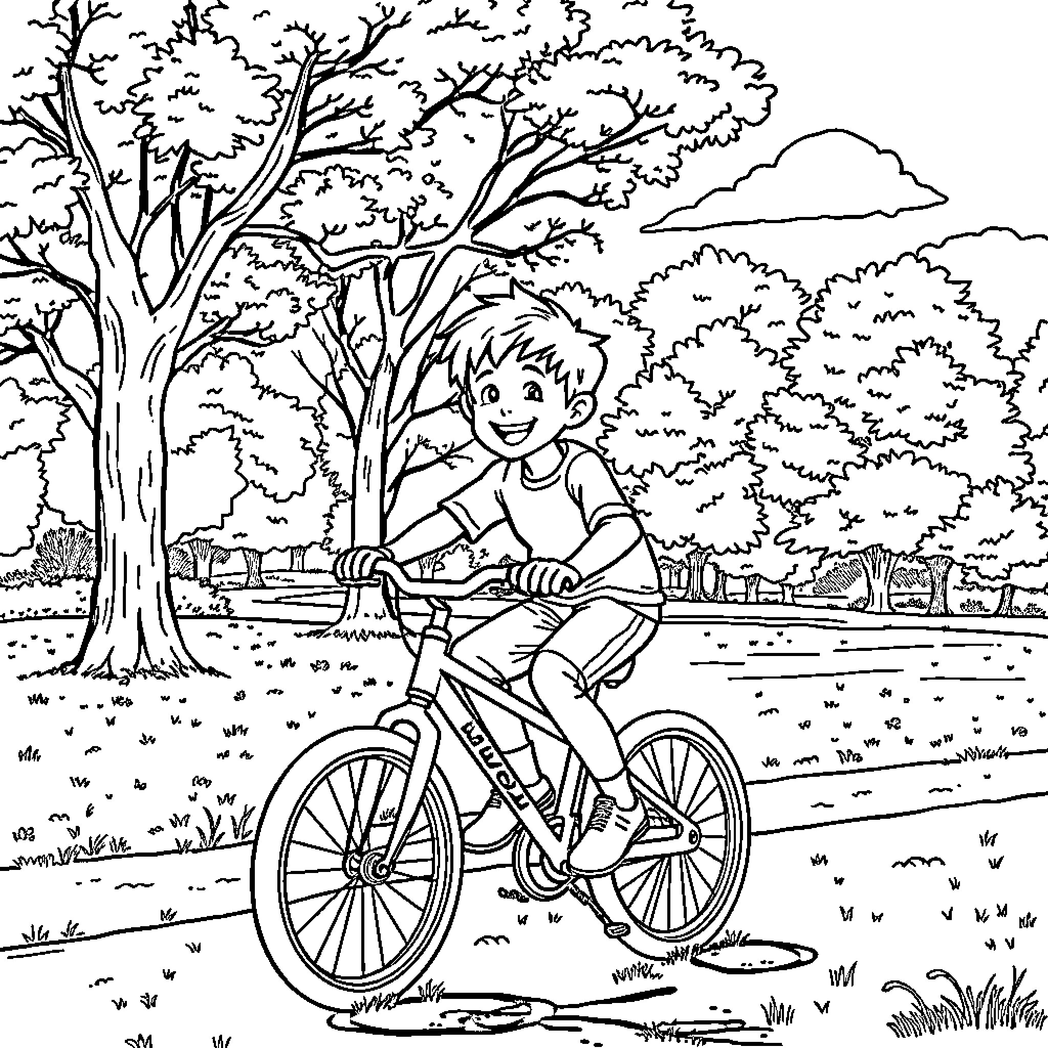 Boy riding bicycle through serene forest landscape Coloring Page (free black-and-white line drawing printable PDF for all, from beginners to advanced learners, including children, teens, adults, and seniors)