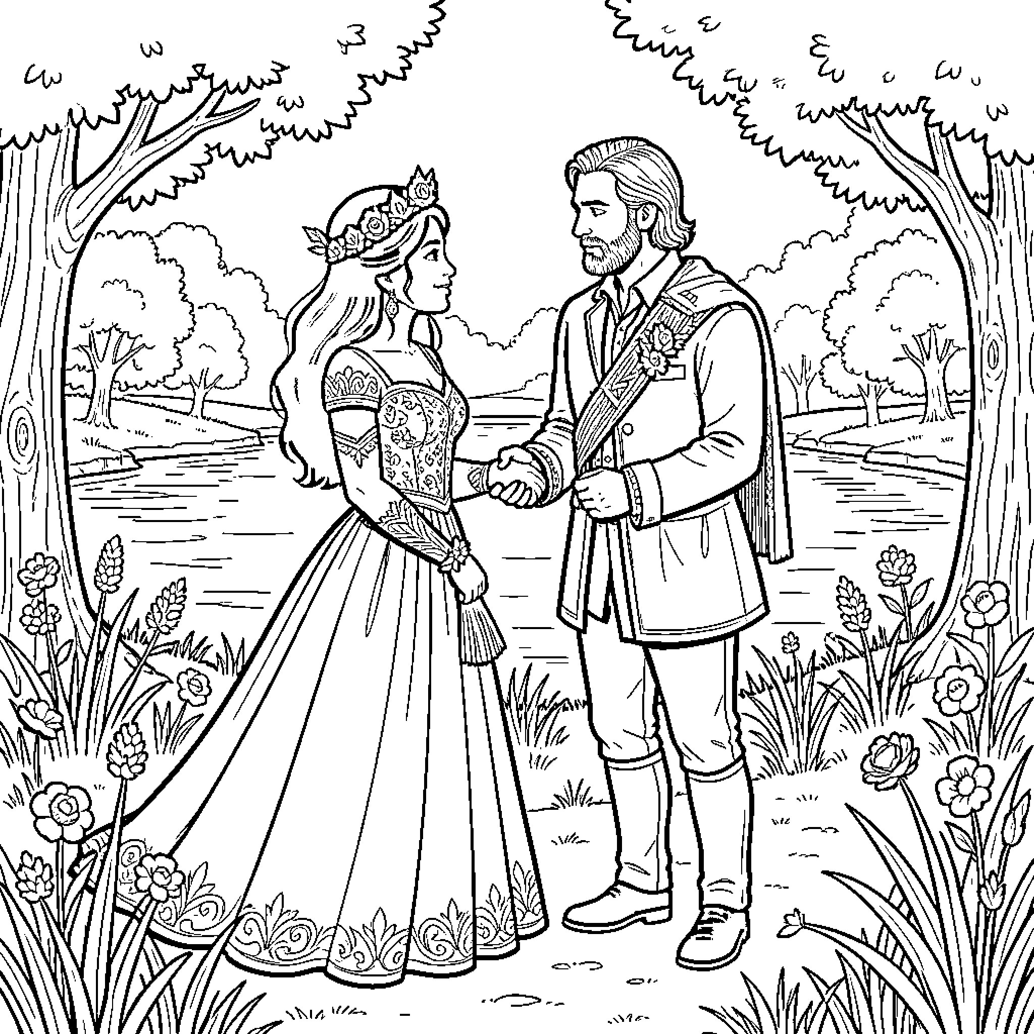 Pocahontas and the Prince meet in the enchanted forest Coloring Page (free black-and-white line drawing printable PDF for all, from beginners to advanced learners, including children, teens, adults, and seniors)