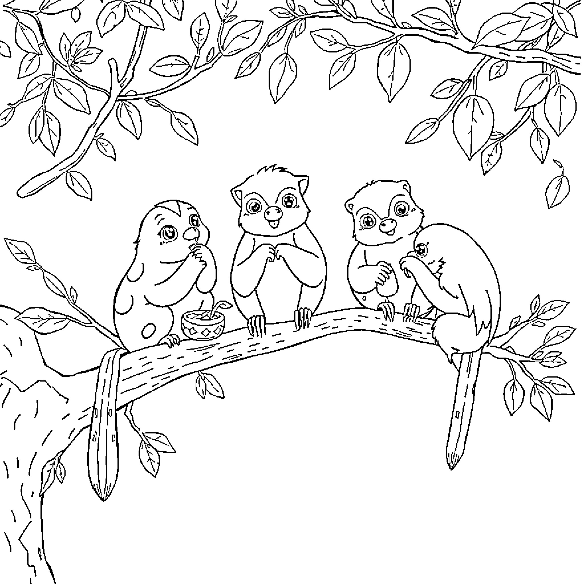 Animal friends enjoying snacks on tree branch Coloring Page (free black-and-white line drawing printable PDF for all, from beginners to advanced learners, including children, teens, adults, and seniors)