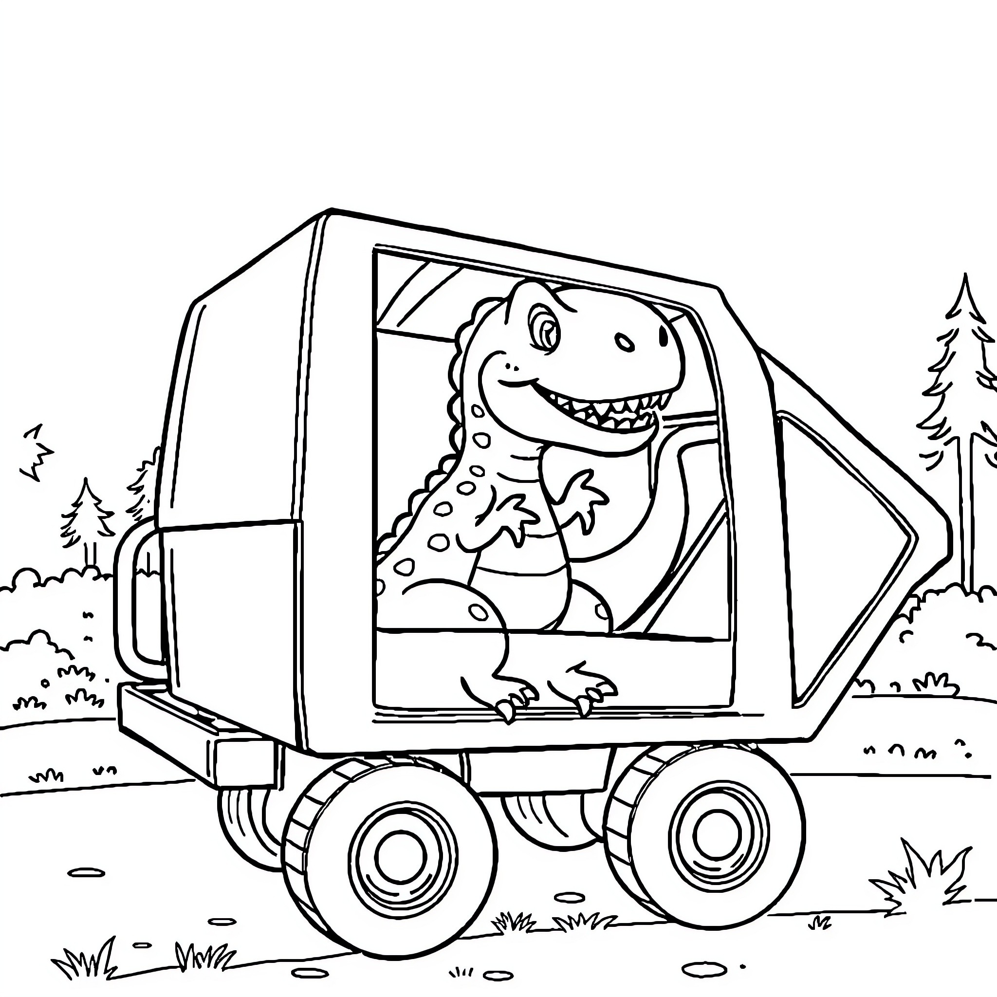 Dinosaur riding in a mobile home through the forest Coloring Page (free black-and-white line drawing printable PDF for all, from beginners to advanced learners, including children, teens, adults, and seniors)