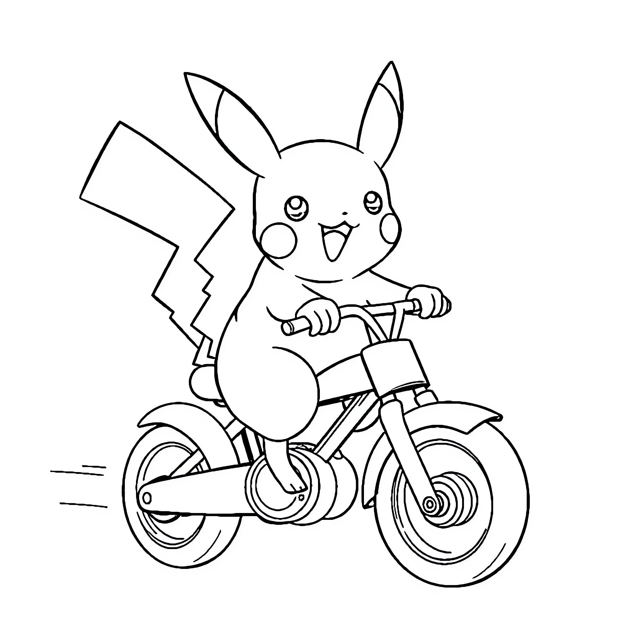 Pikachu riding a bicycle happily Coloring Page (free black-and-white line drawing printable PDF for all, from beginners to advanced learners, including children, teens, adults, and seniors)