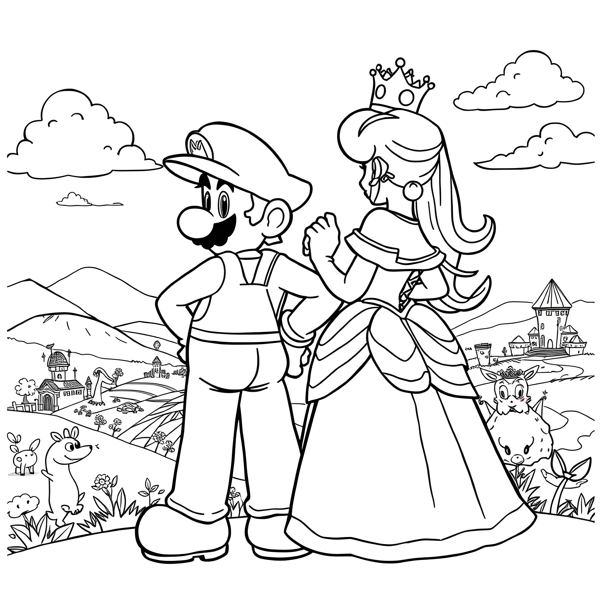 Mario and Princess Embracing in the Fairy Tale Landscape Coloring Page (free black-and-white line drawing printable PDF for all, from beginners to advanced learners, including children, teens, adults, and seniors)