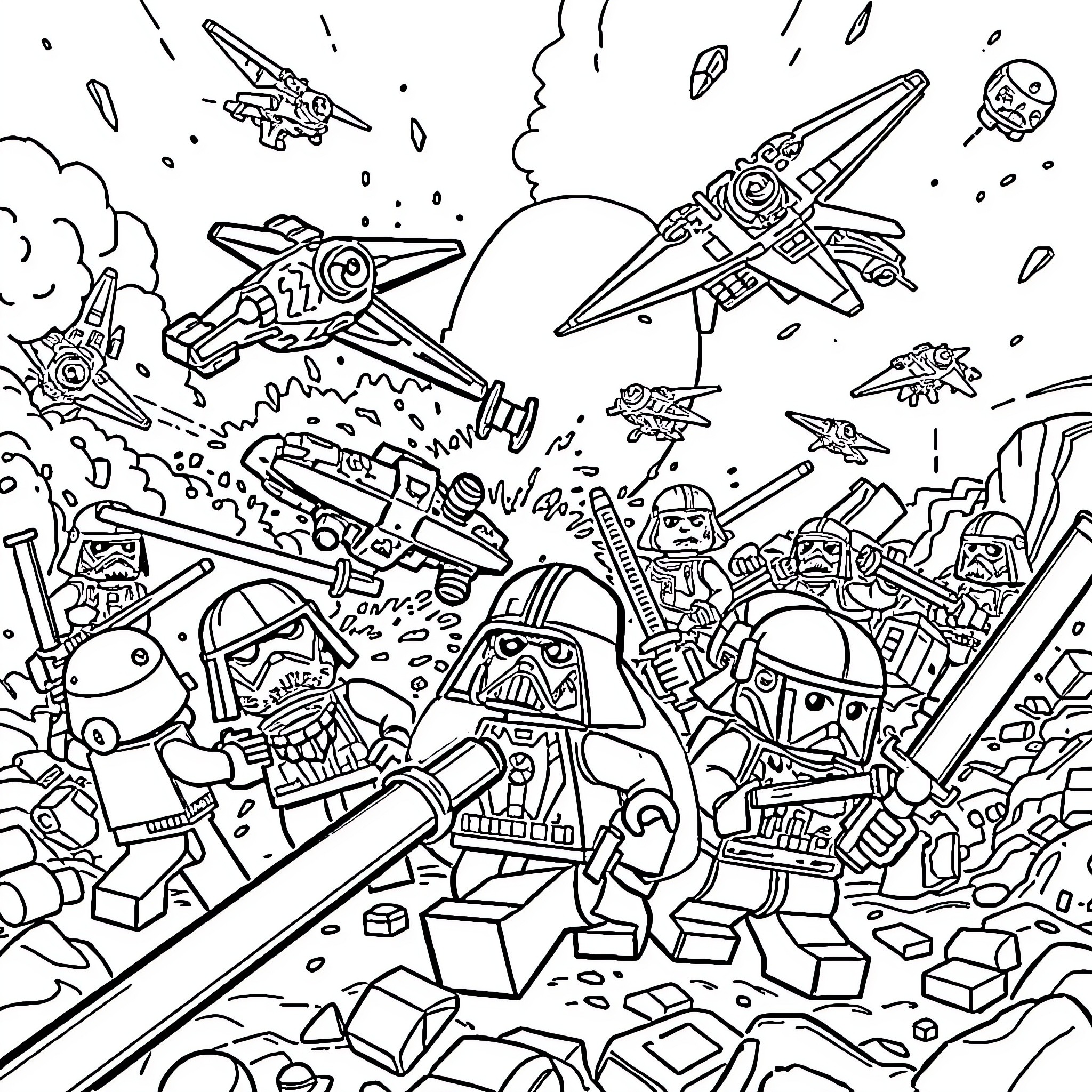 Lego Star Wars: Galactic Space Battle and Exploration Coloring Page (free black-and-white line drawing printable PDF for all, from beginners to advanced learners, including children, teens, adults, and seniors)