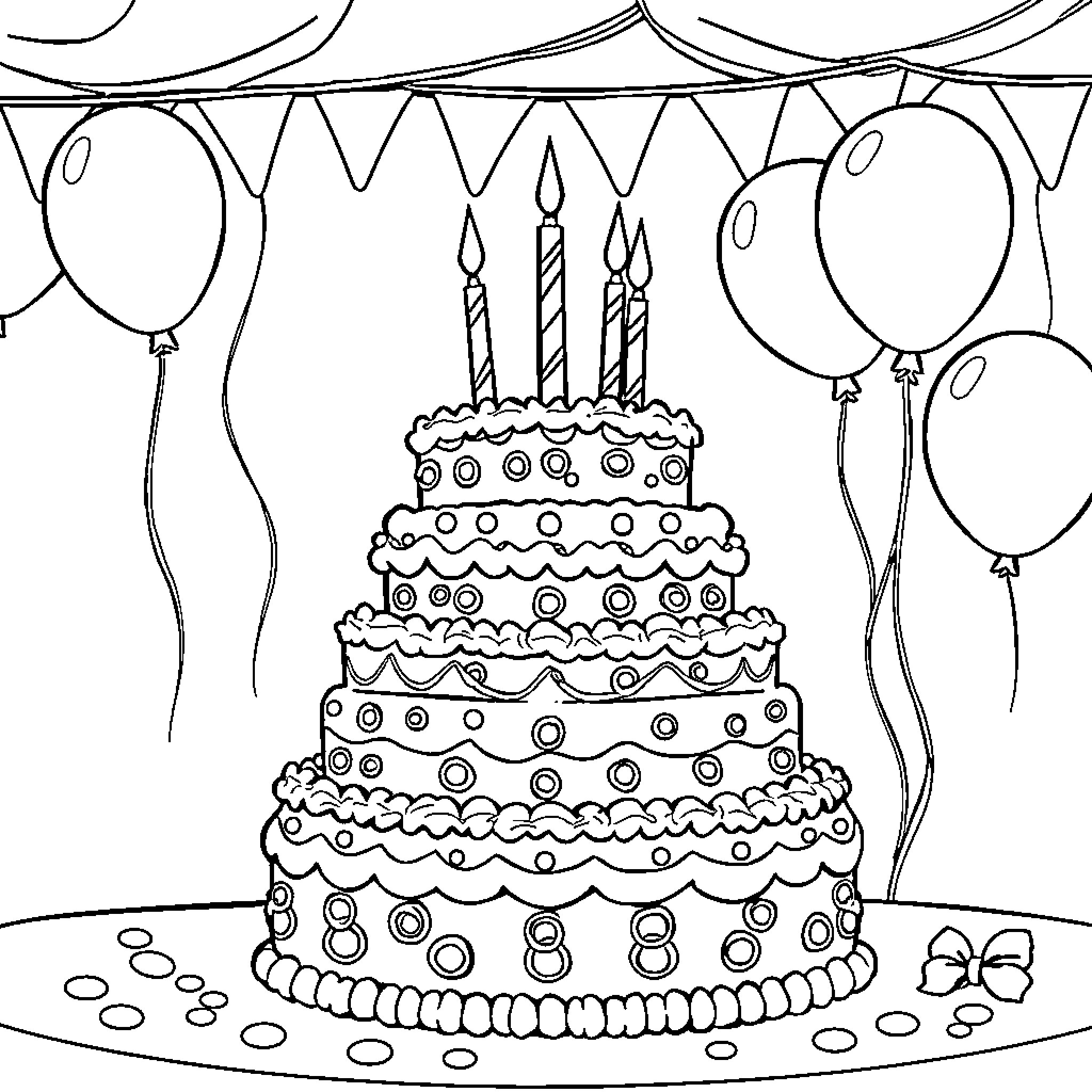Anniversary Celebration with Cake and Balloons Coloring Page (free black-and-white line drawing printable PDF for all, from beginners to advanced learners, including children, teens, adults, and seniors)