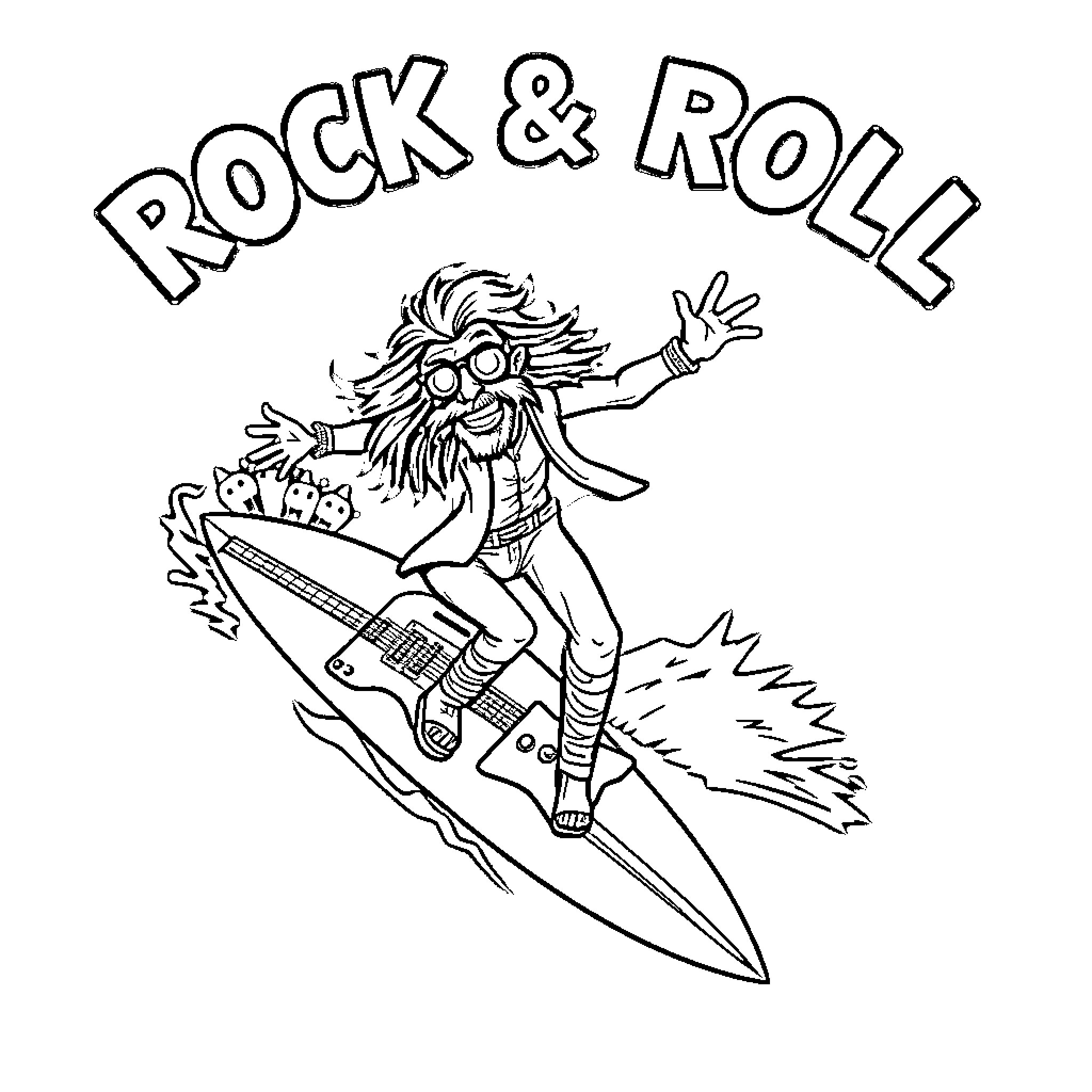 Rocker Surfs Energetically on the Waves Coloring Page (free black-and-white line drawing printable PDF for all, from beginners to advanced learners, including children, teens, adults, and seniors)