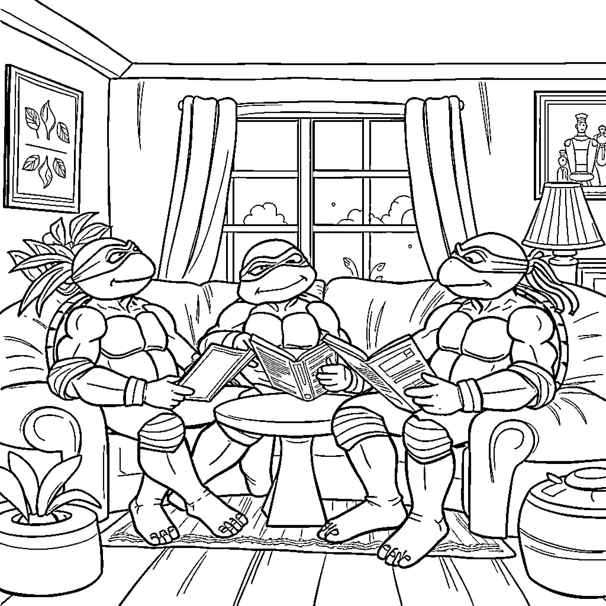 Ninja Turtles reading books together in cozy home Coloring Page (free black-and-white line drawing printable PDF for all, from beginners to advanced learners, including children, teens, adults, and seniors)