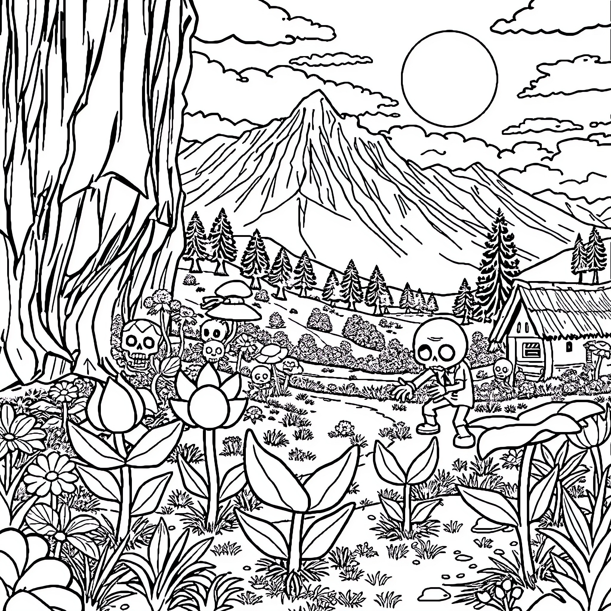 Plants vs. Zombies: Mountainous Showdown Coloring Page (free black-and-white line drawing printable PDF for all, from beginners to advanced learners, including children, teens, adults, and seniors)