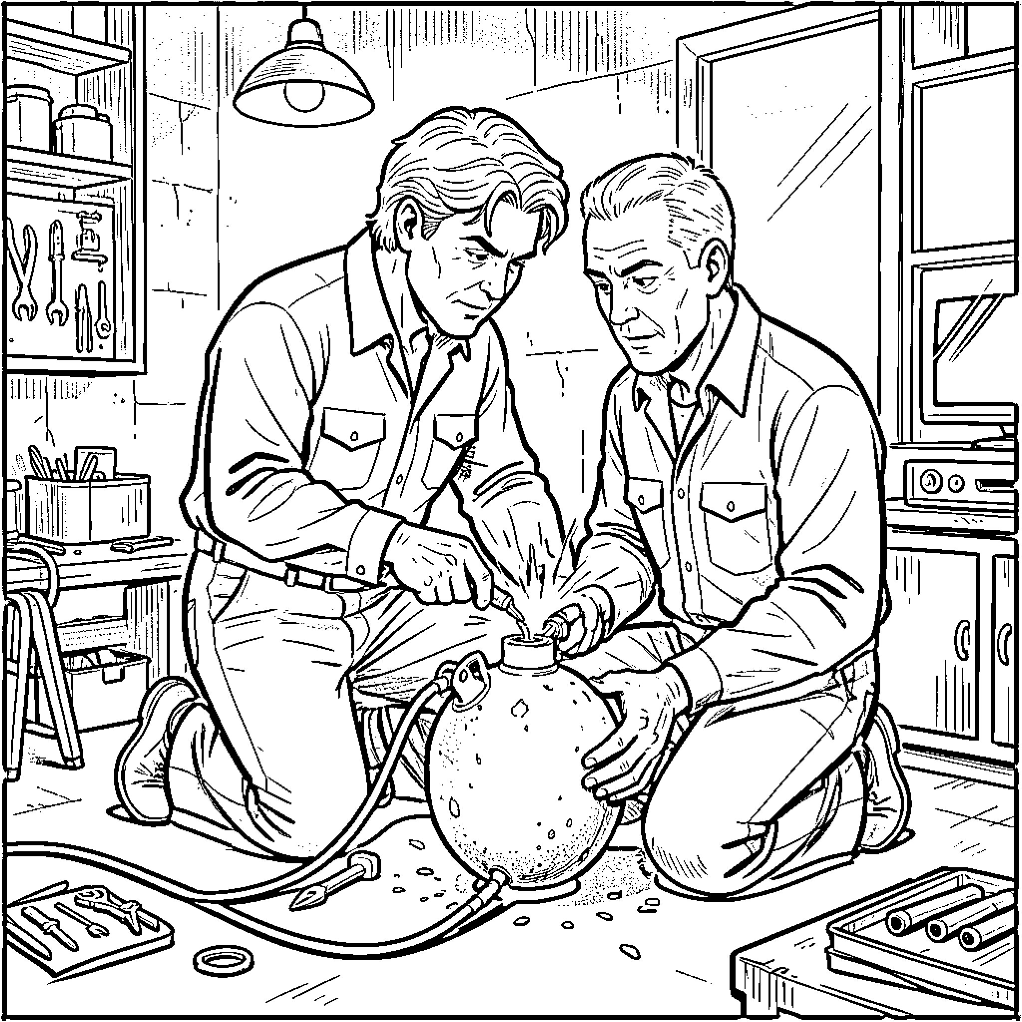 Macgyver and a partner repairing a complex device Coloring Page (free black-and-white line drawing printable PDF for all, from beginners to advanced learners, including children, teens, adults, and seniors)