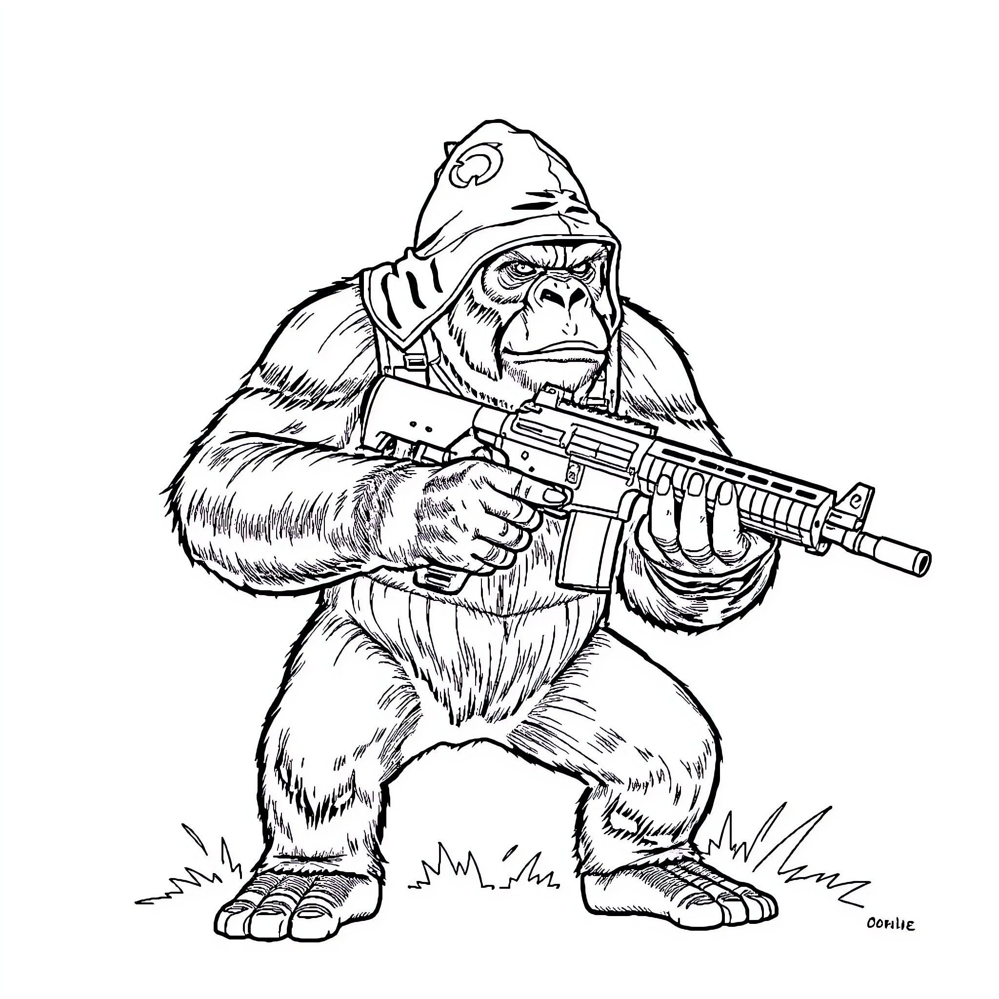 Gorilla Soldier Wielding Firearm Coloring Page (free black-and-white line drawing printable PDF for all, from beginners to advanced learners, including children, teens, adults, and seniors)