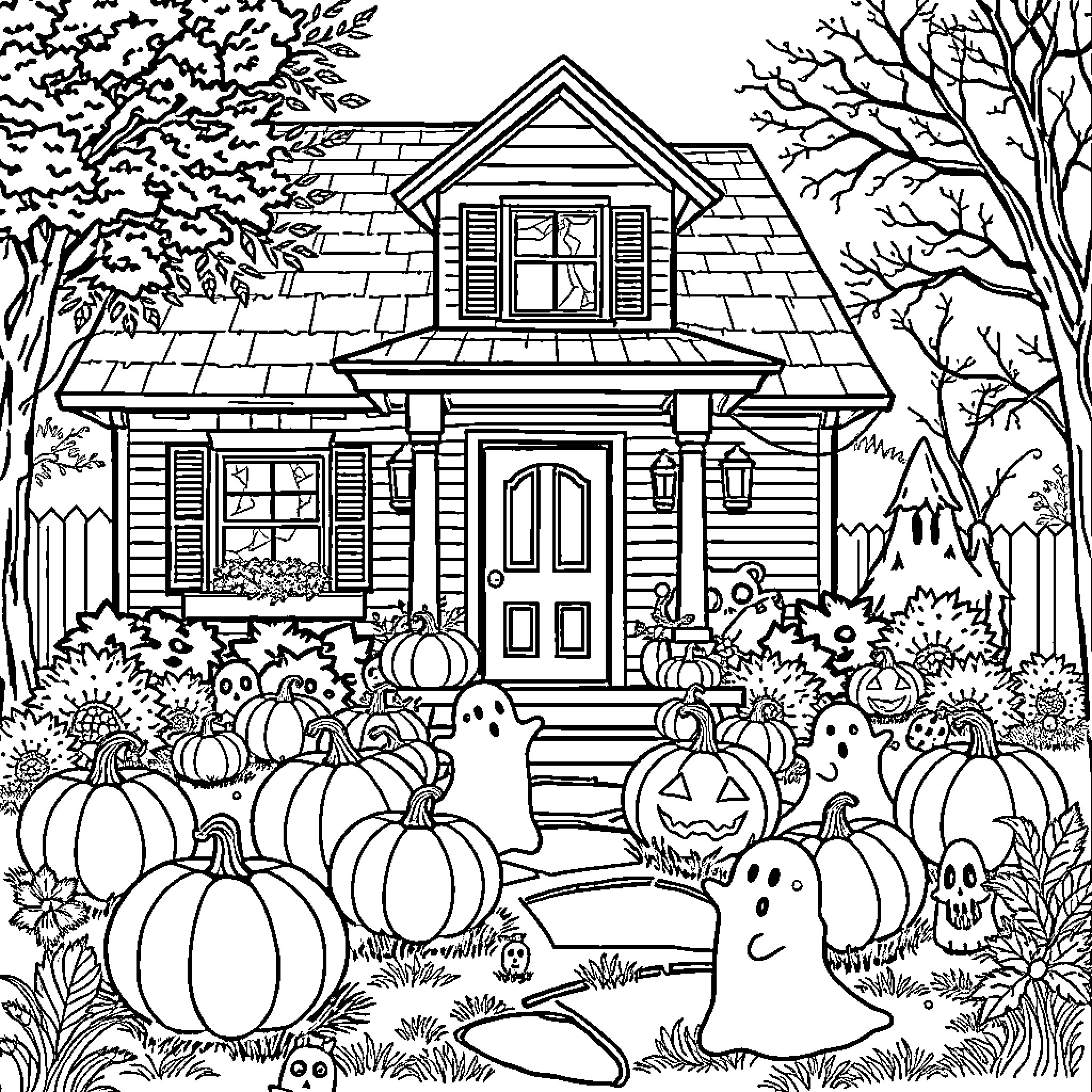 Pumpkin house surrounded by autumn decor Coloring Page (free black-and-white line drawing printable PDF for all, from beginners to advanced learners, including children, teens, adults, and seniors)