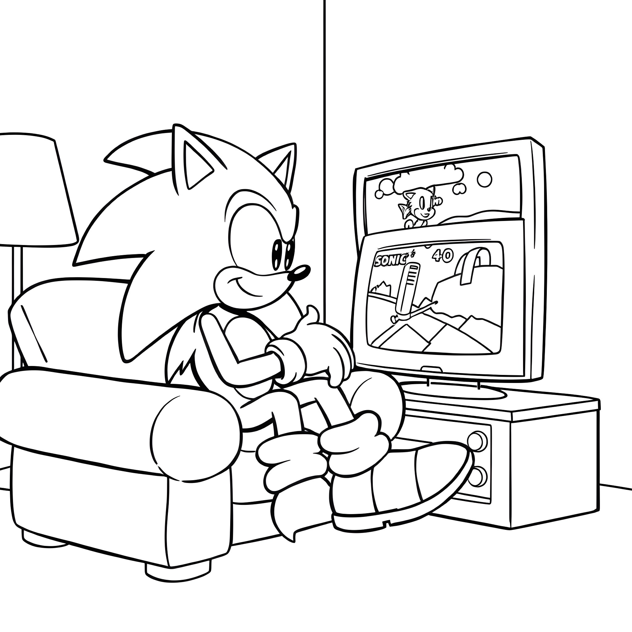 Sonic playing video game on a couch Coloring Page (free black-and-white line drawing printable PDF for all, from beginners to advanced learners, including children, teens, adults, and seniors)