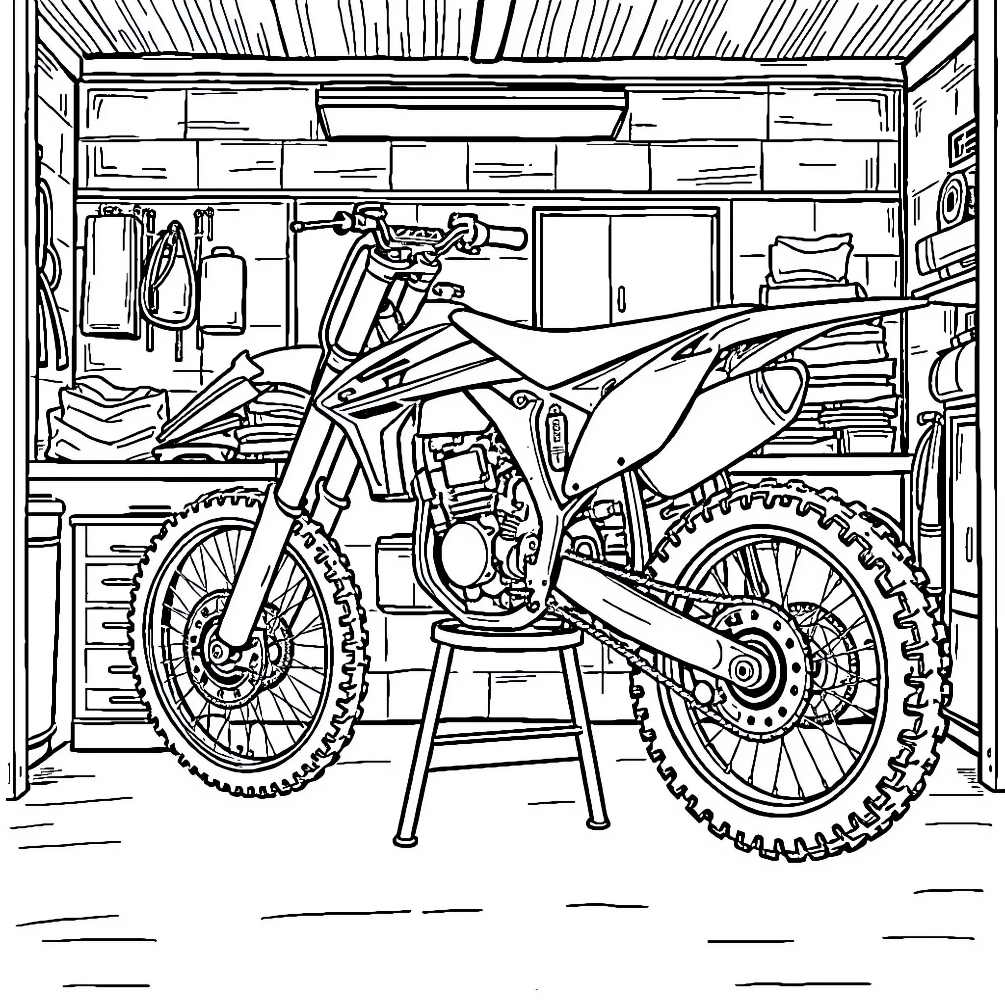 Dirt Bike Parked in Garage with Tools Coloring Page (free black-and-white line drawing printable PDF for all, from beginners to advanced learners, including children, teens, adults, and seniors)
