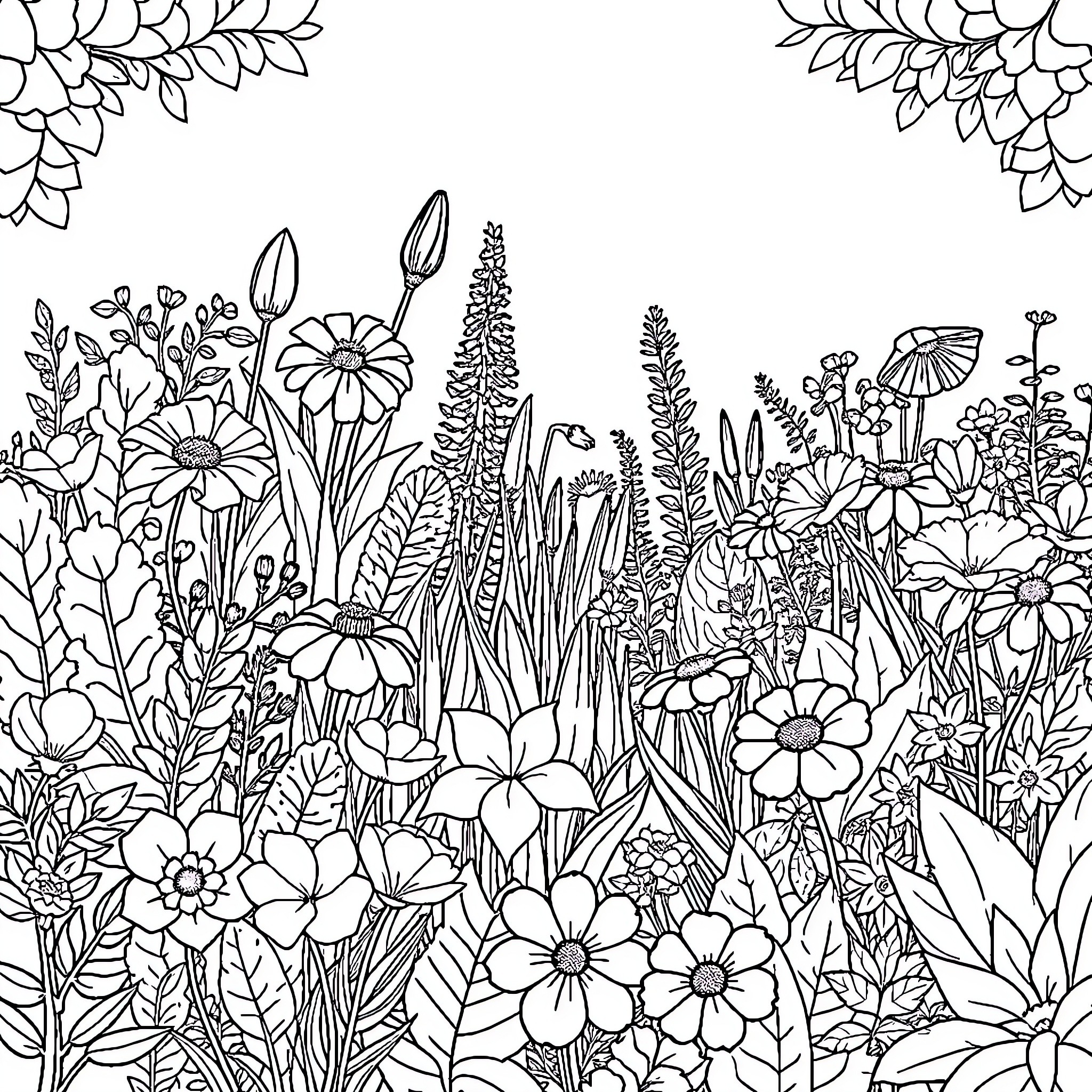 Botanical Garden Scene with Diverse Flowers Coloring Page (free black-and-white line drawing printable PDF for all, from beginners to advanced learners, including children, teens, adults, and seniors)