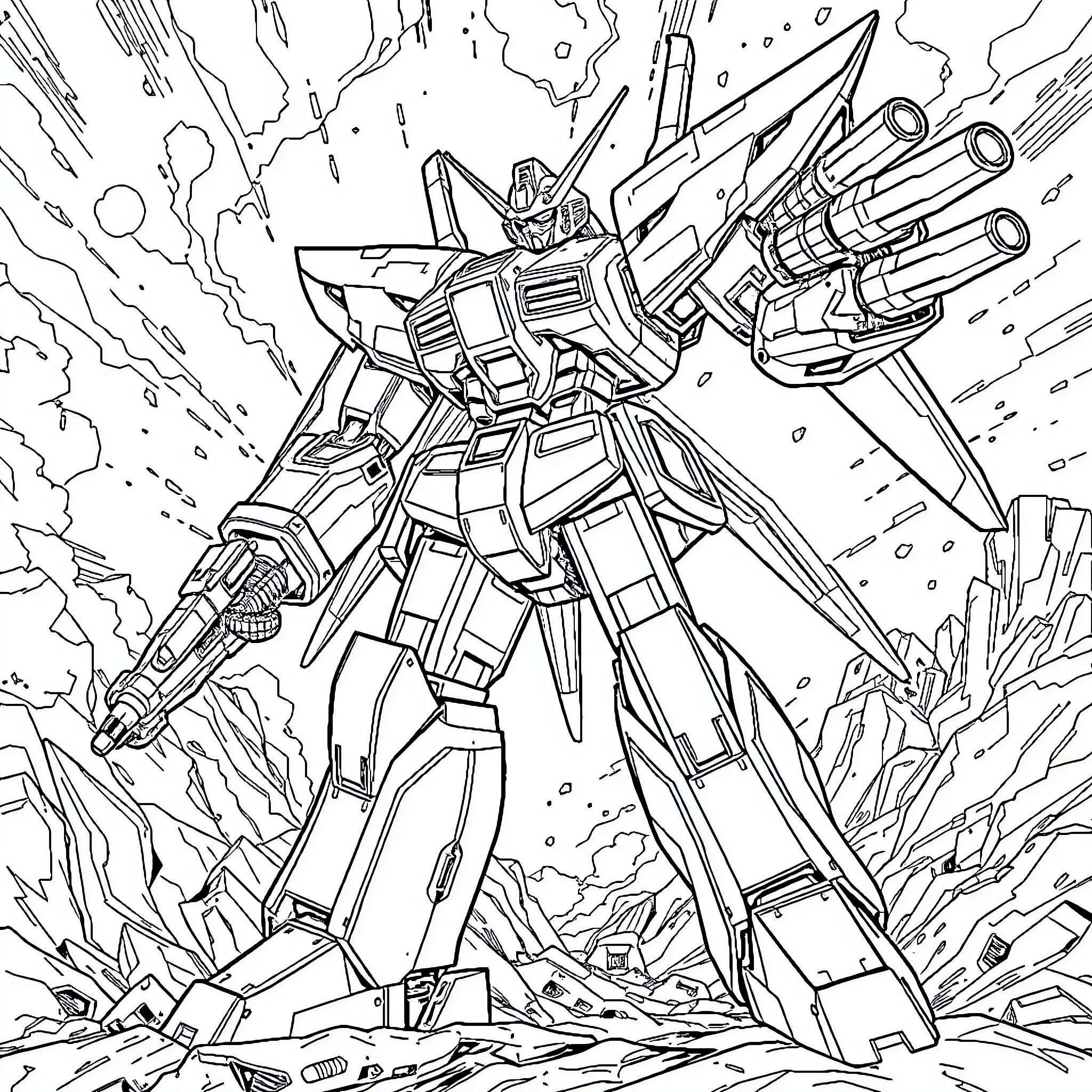 Mecha Warrior in Intense Battle Amidst Destruction Coloring Page (free black-and-white line drawing printable PDF for all, from beginners to advanced learners, including children, teens, adults, and seniors)