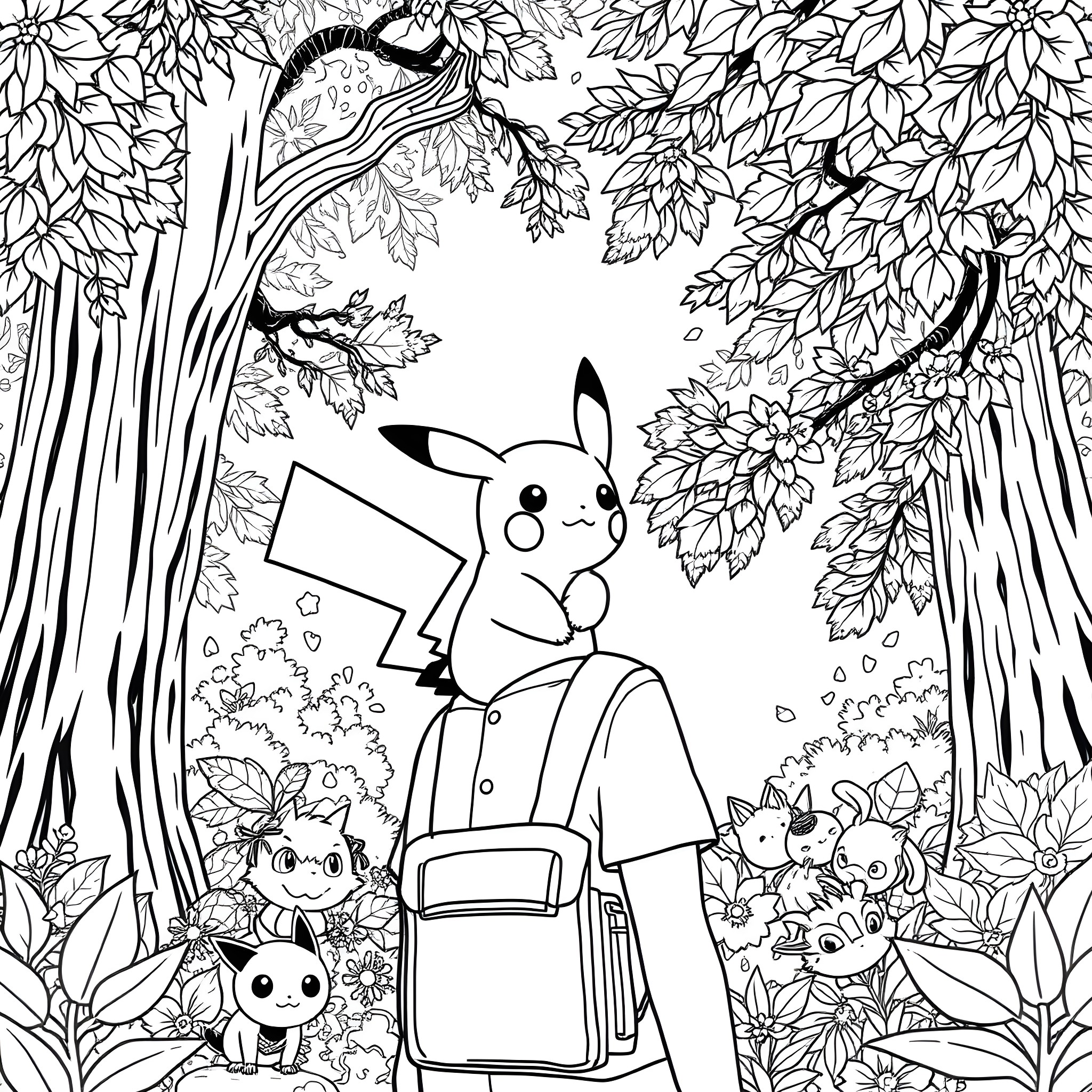 Pikachu and friends explore the enchanted forest Coloring Page (free black-and-white line drawing printable PDF for all, from beginners to advanced learners, including children, teens, adults, and seniors)