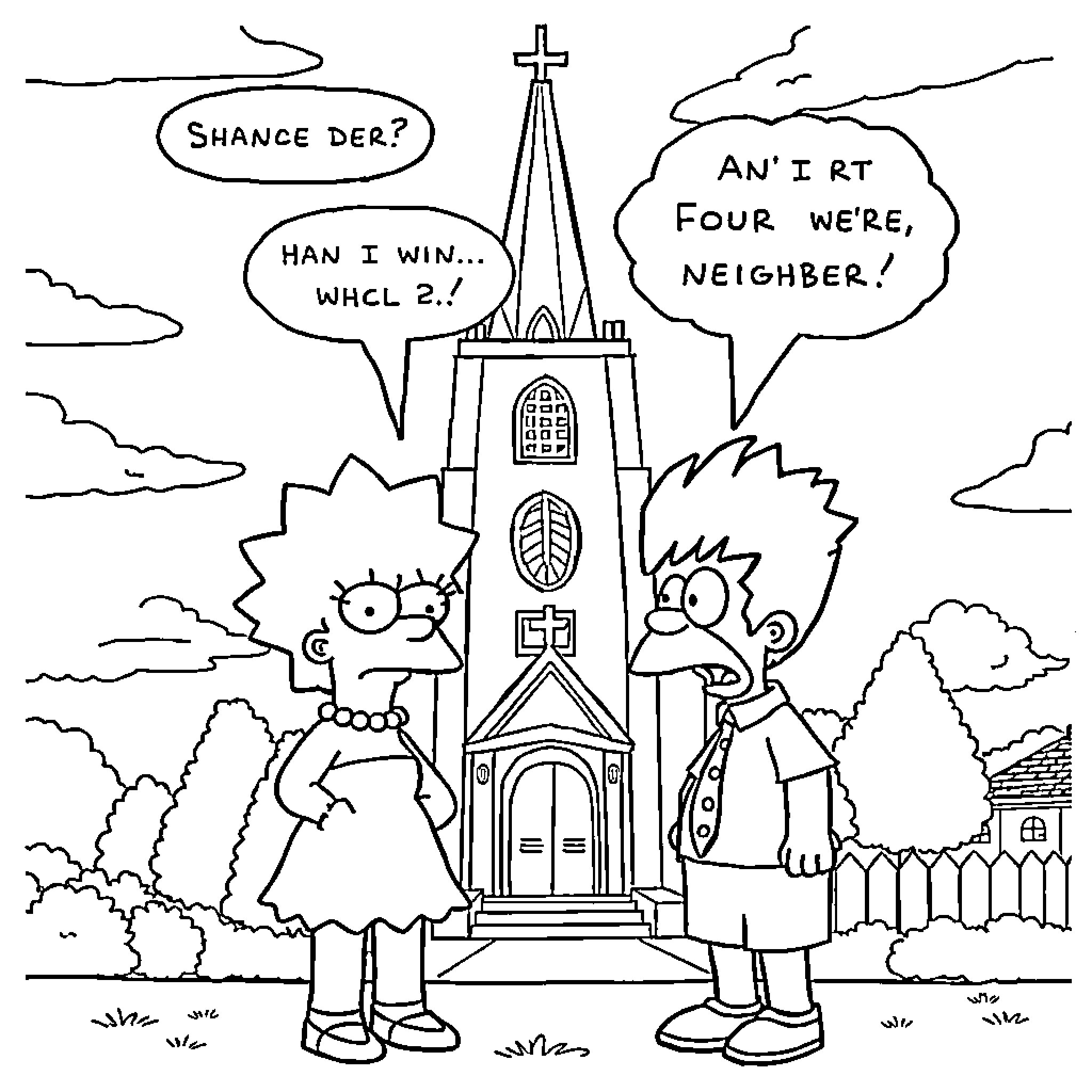 Lisa Simpson and Bart Simpson banter outside church Coloring Page (free black-and-white line drawing printable PDF for all, from beginners to advanced learners, including children, teens, adults, and seniors)