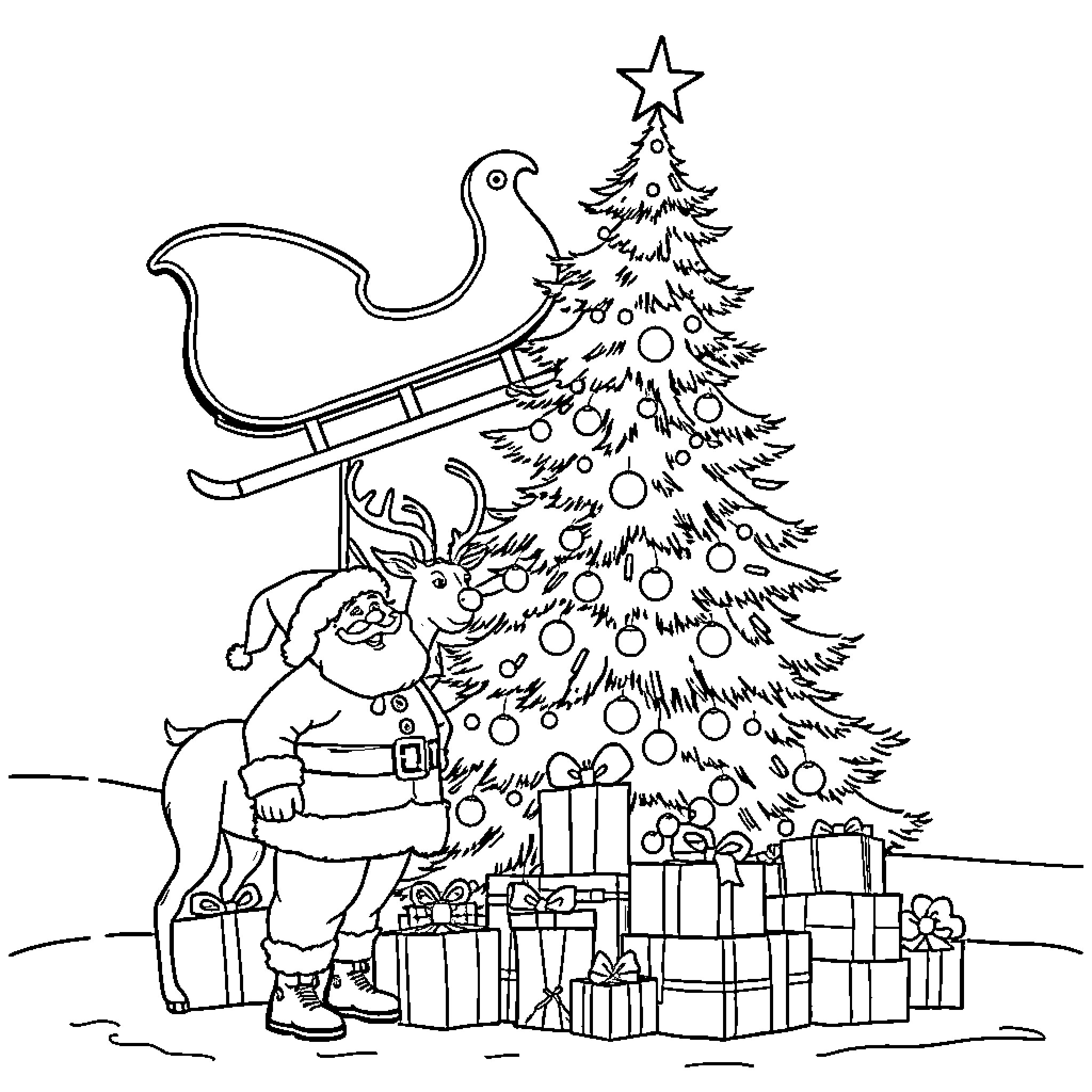 Santa decorating Christmas tree with gifts Coloring Page (free black-and-white line drawing printable PDF for all, from beginners to advanced learners, including children, teens, adults, and seniors)