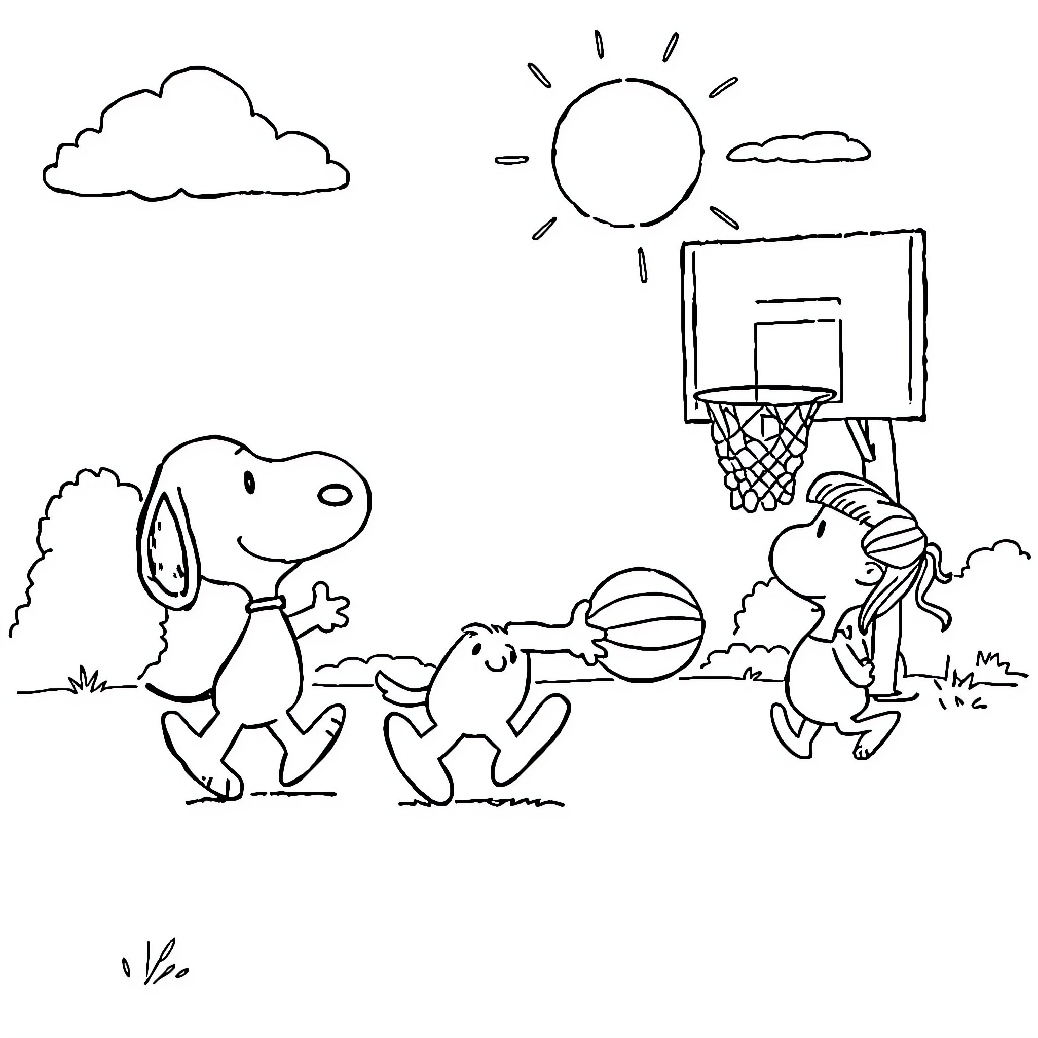 Snoopy and friends playing outdoors Coloring Page (free black-and-white line drawing printable PDF for all, from beginners to advanced learners, including children, teens, adults, and seniors)