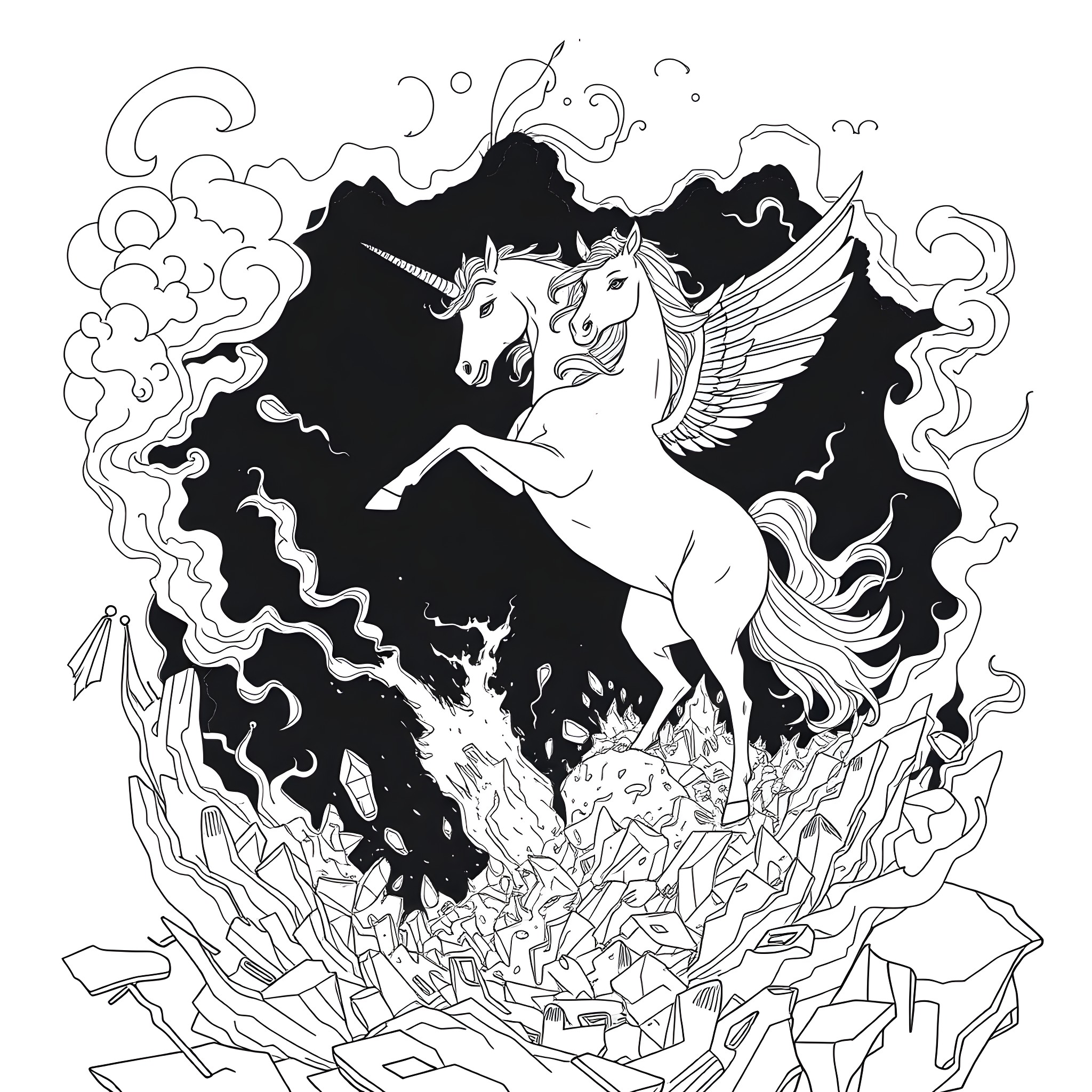 Unicorn duo soaring through mystical landscapes Coloring Page (free black-and-white line drawing printable PDF for all, from beginners to advanced learners, including children, teens, adults, and seniors)