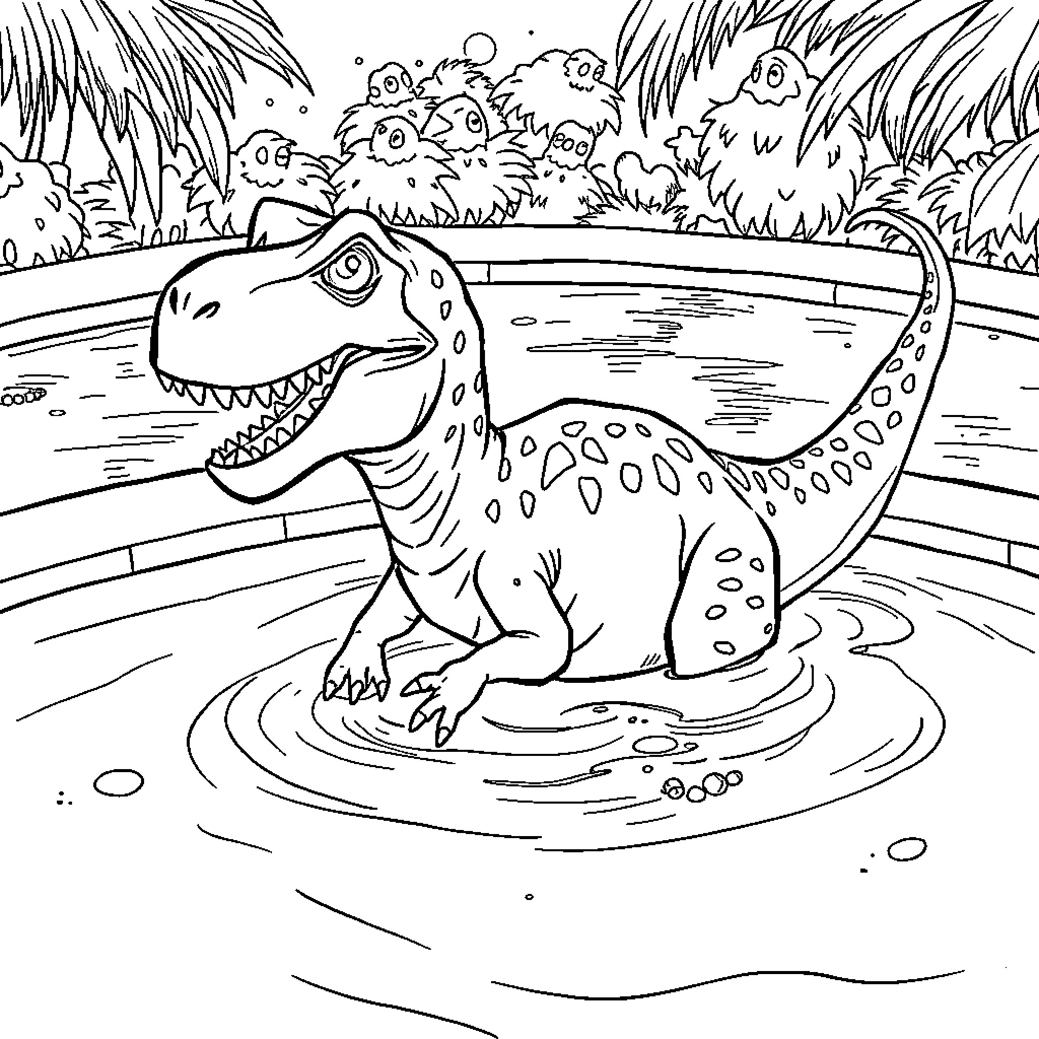 Tyrannosaurus Rex wading in the water Coloring Page (free black-and-white line drawing printable PDF for all, from beginners to advanced learners, including children, teens, adults, and seniors)