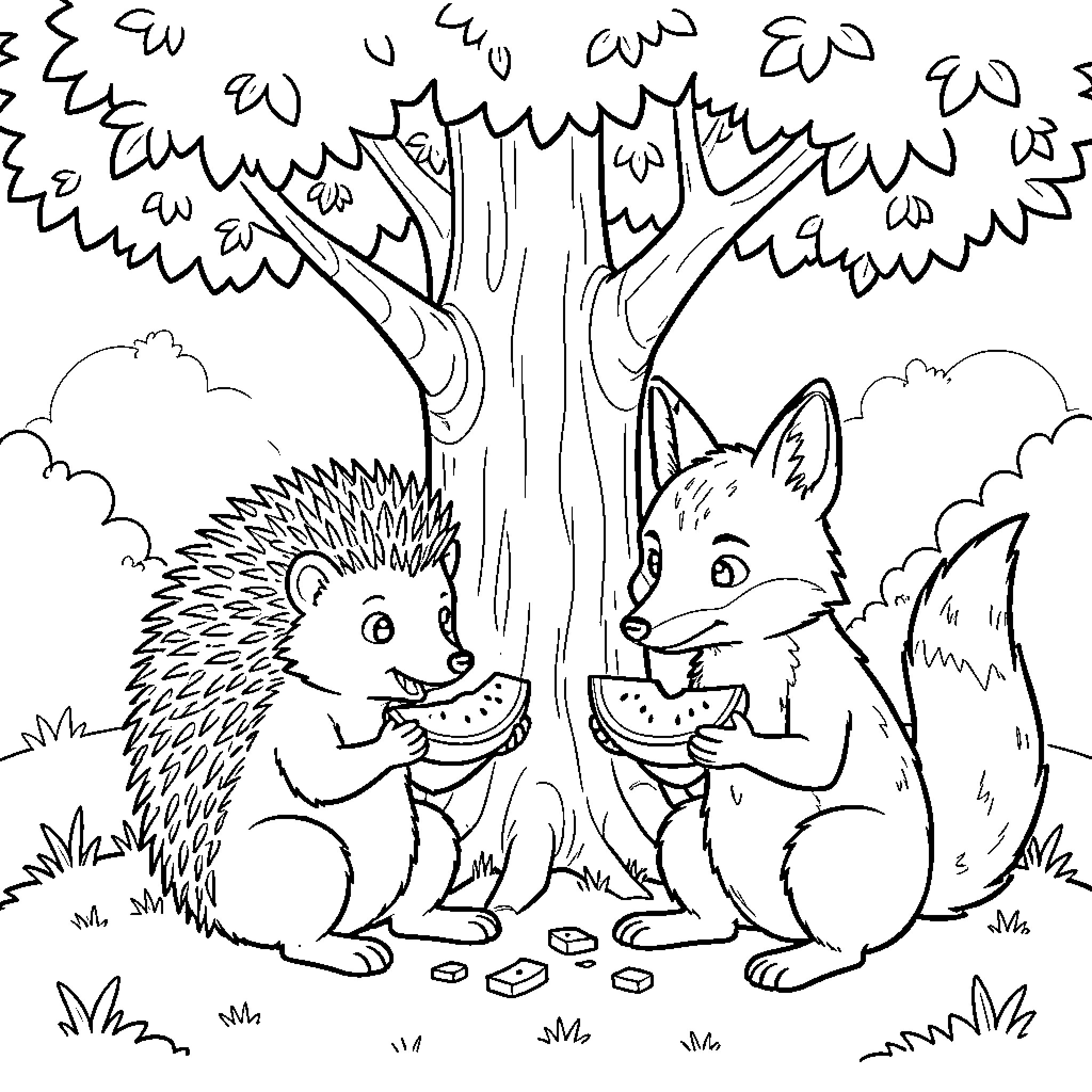 Hedgehog and fox sharing watermelon under a tree Coloring Page (free black-and-white line drawing printable PDF for all, from beginners to advanced learners, including children, teens, adults, and seniors)