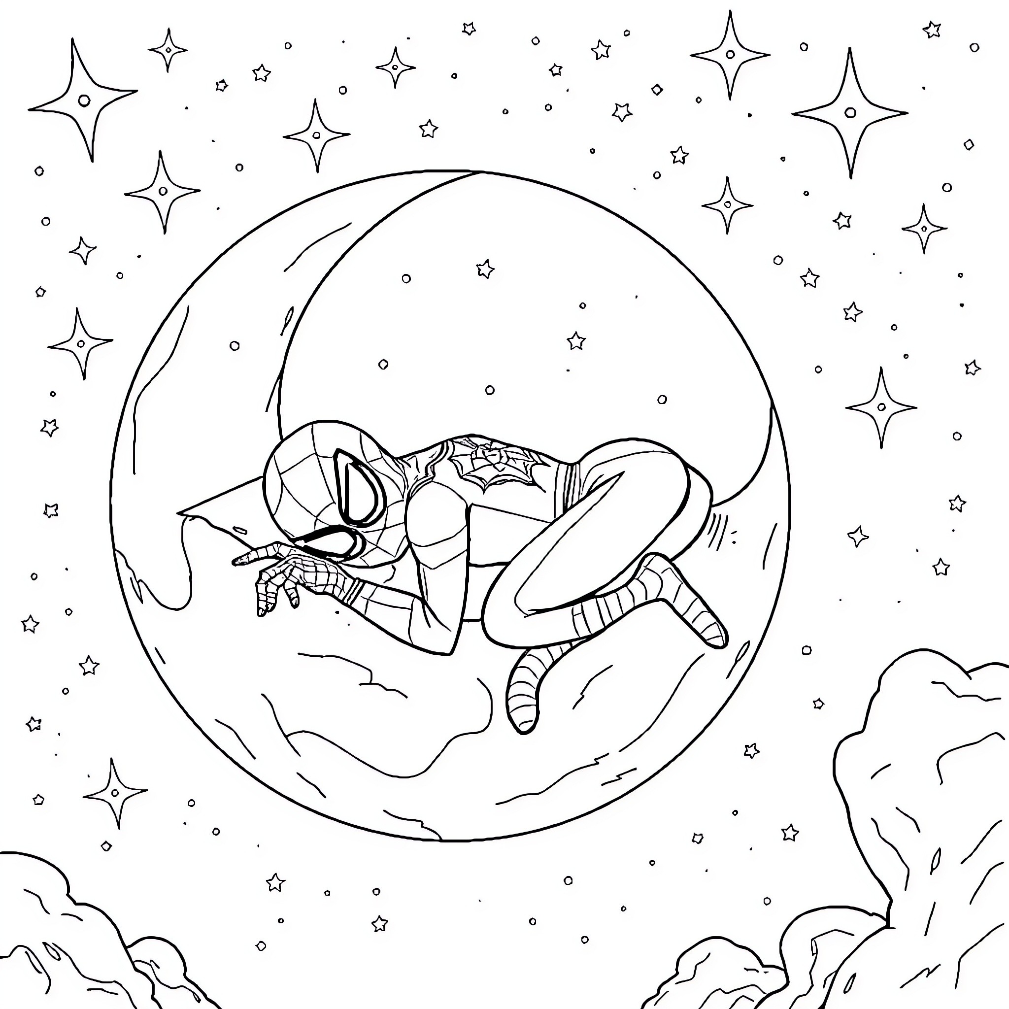 Spider-Man resting peacefully under the night sky Coloring Page (free black-and-white line drawing printable PDF for all, from beginners to advanced learners, including children, teens, adults, and seniors)