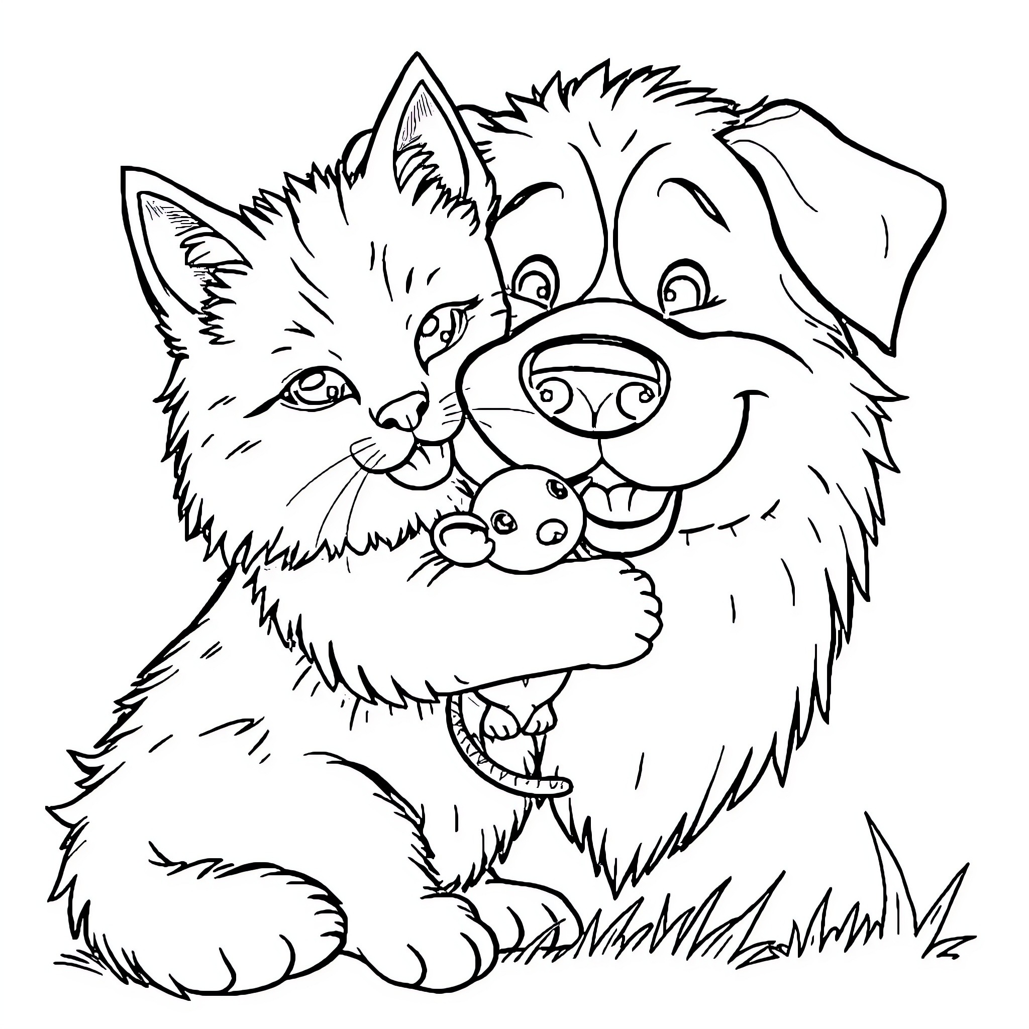 Cat and Dog Buddies Playing Coloring Page (free black-and-white line drawing printable PDF for all, from beginners to advanced learners, including children, teens, adults, and seniors)